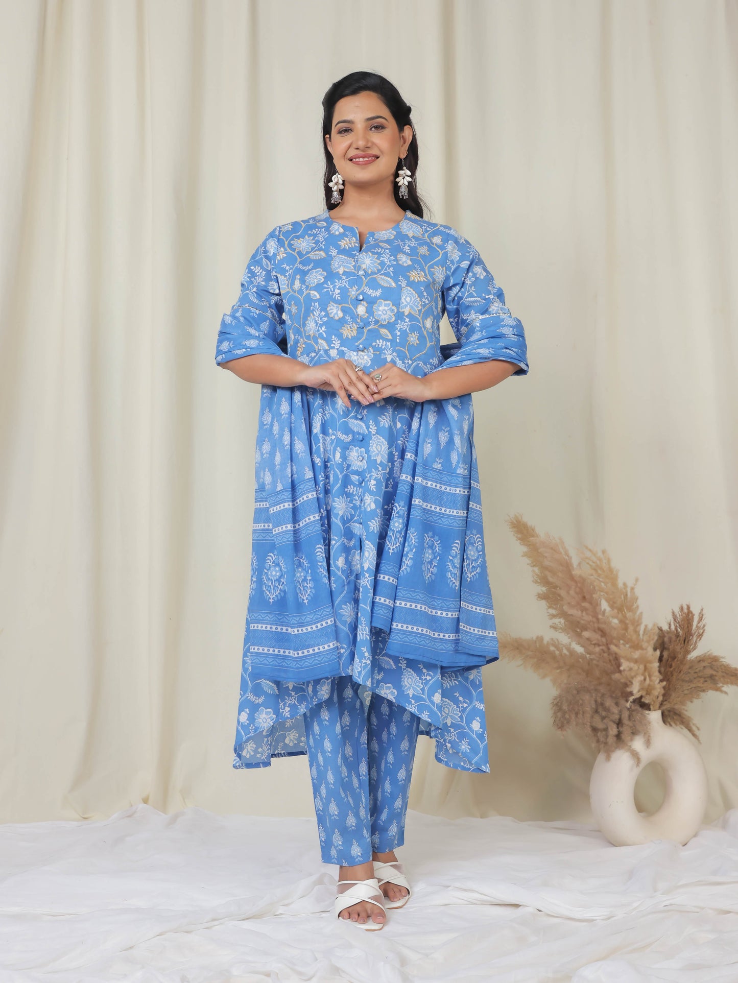 Cotton Voile Floral Blue Dupatta