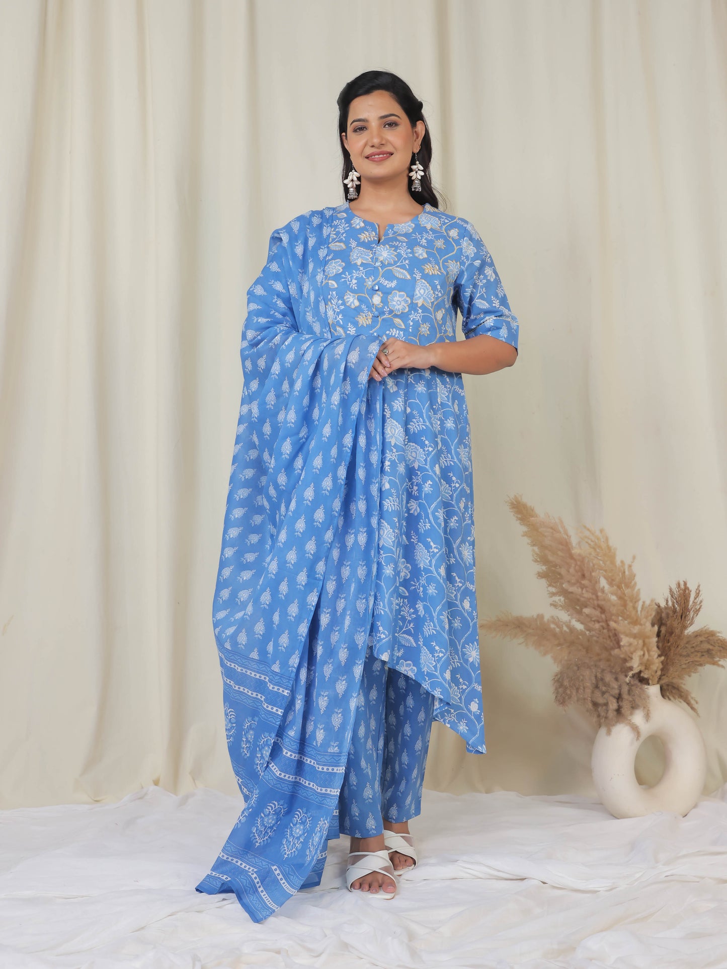 Cotton Voile Floral Blue Dupatta