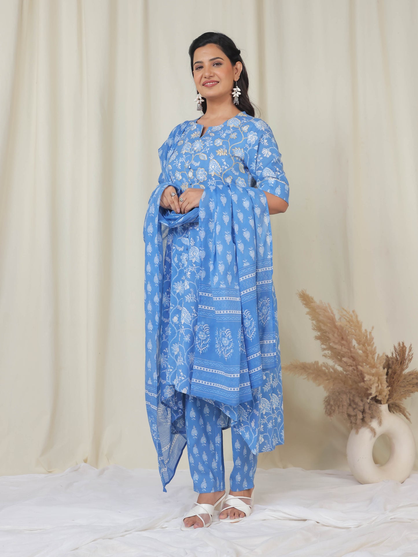 Soft Cotton Floral High Low Blue Kurta