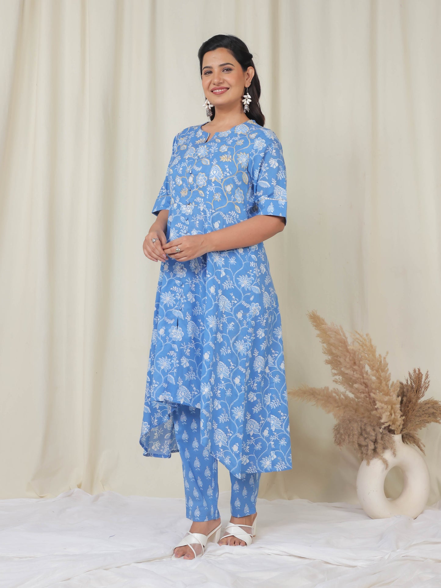 Soft Cotton Floral High Low Blue Kurta