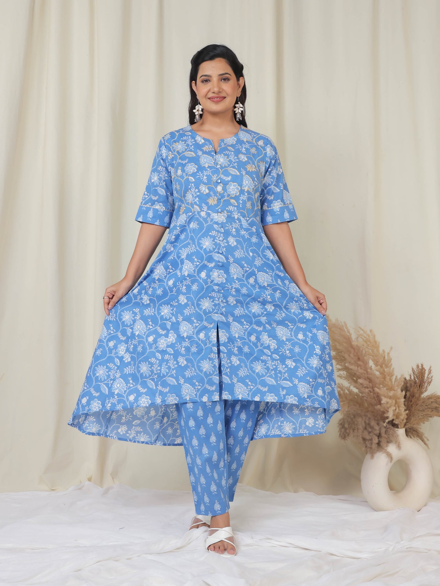 Soft Cotton Floral High Low Blue Kurta
