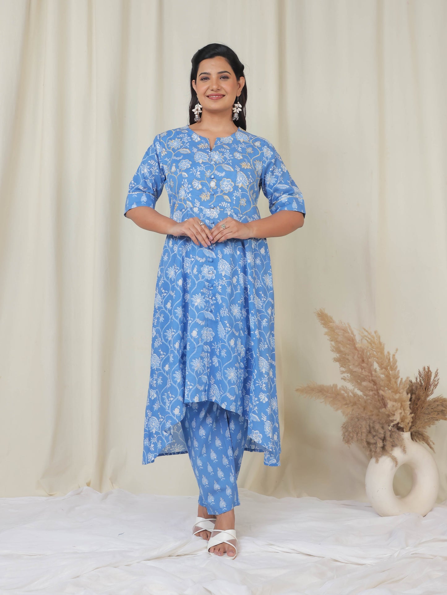Soft Cotton Floral High Low Blue Kurta