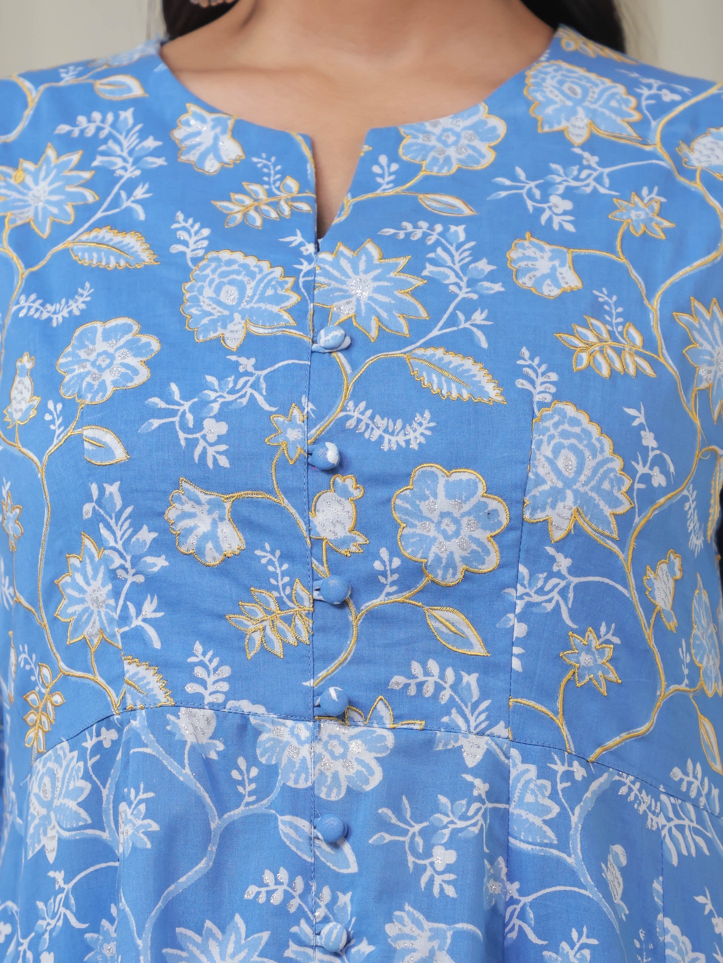 Soft Cotton Floral High Low Blue Kurta