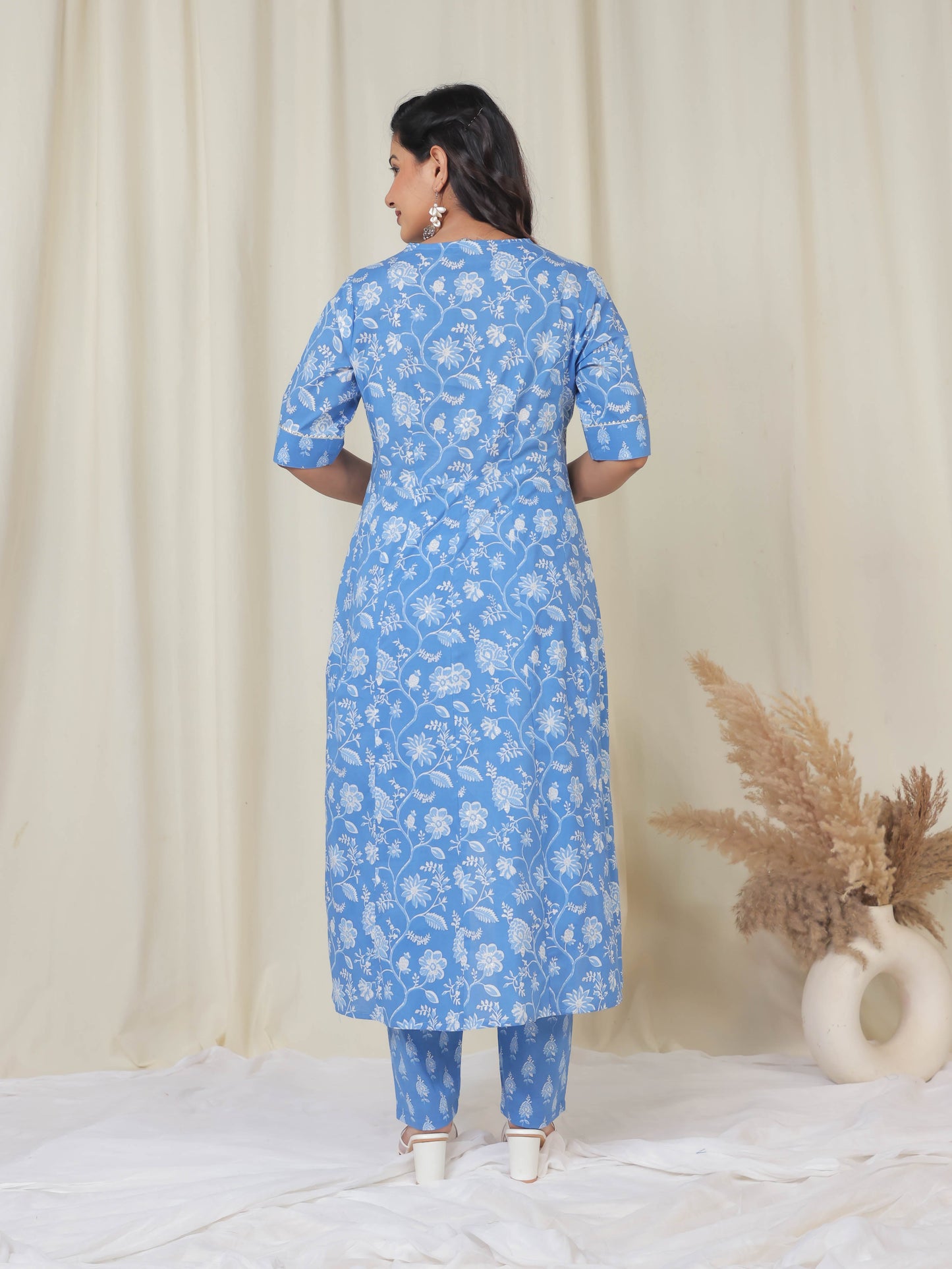 Soft Cotton Floral High Low Blue Kurta