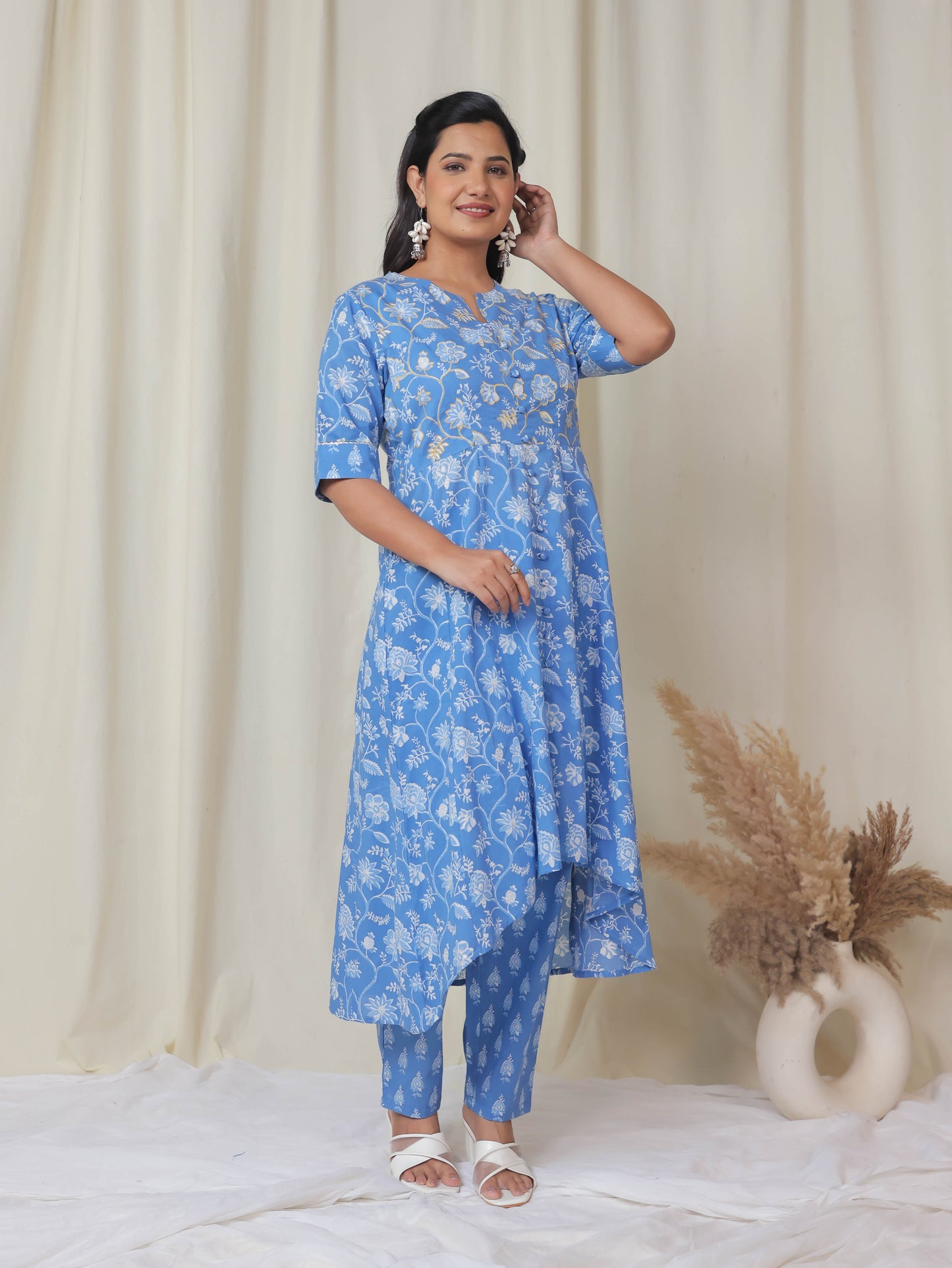 Soft Cotton Floral High Low Blue Kurta