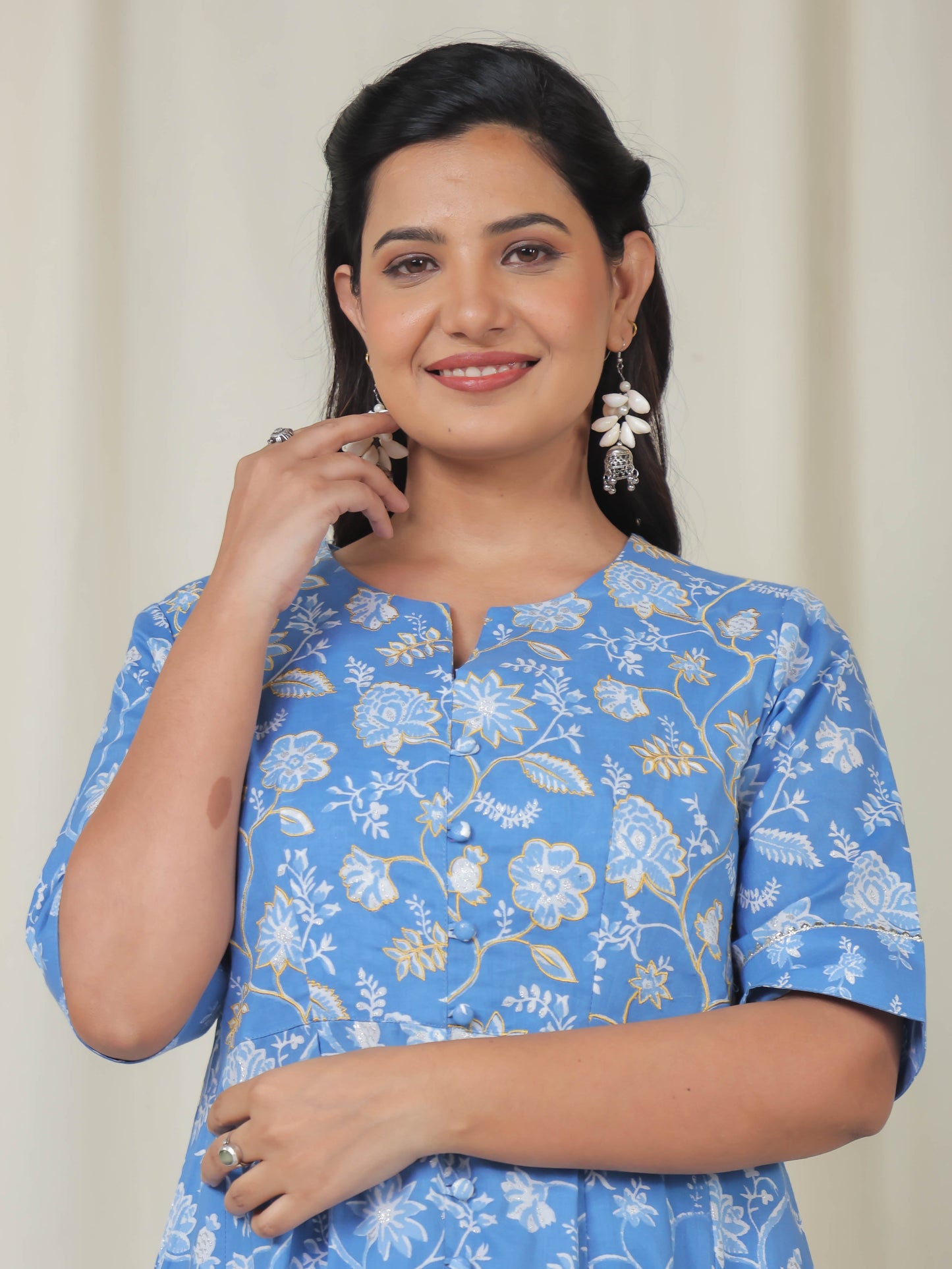 Soft Cotton Floral High Low Blue Kurta