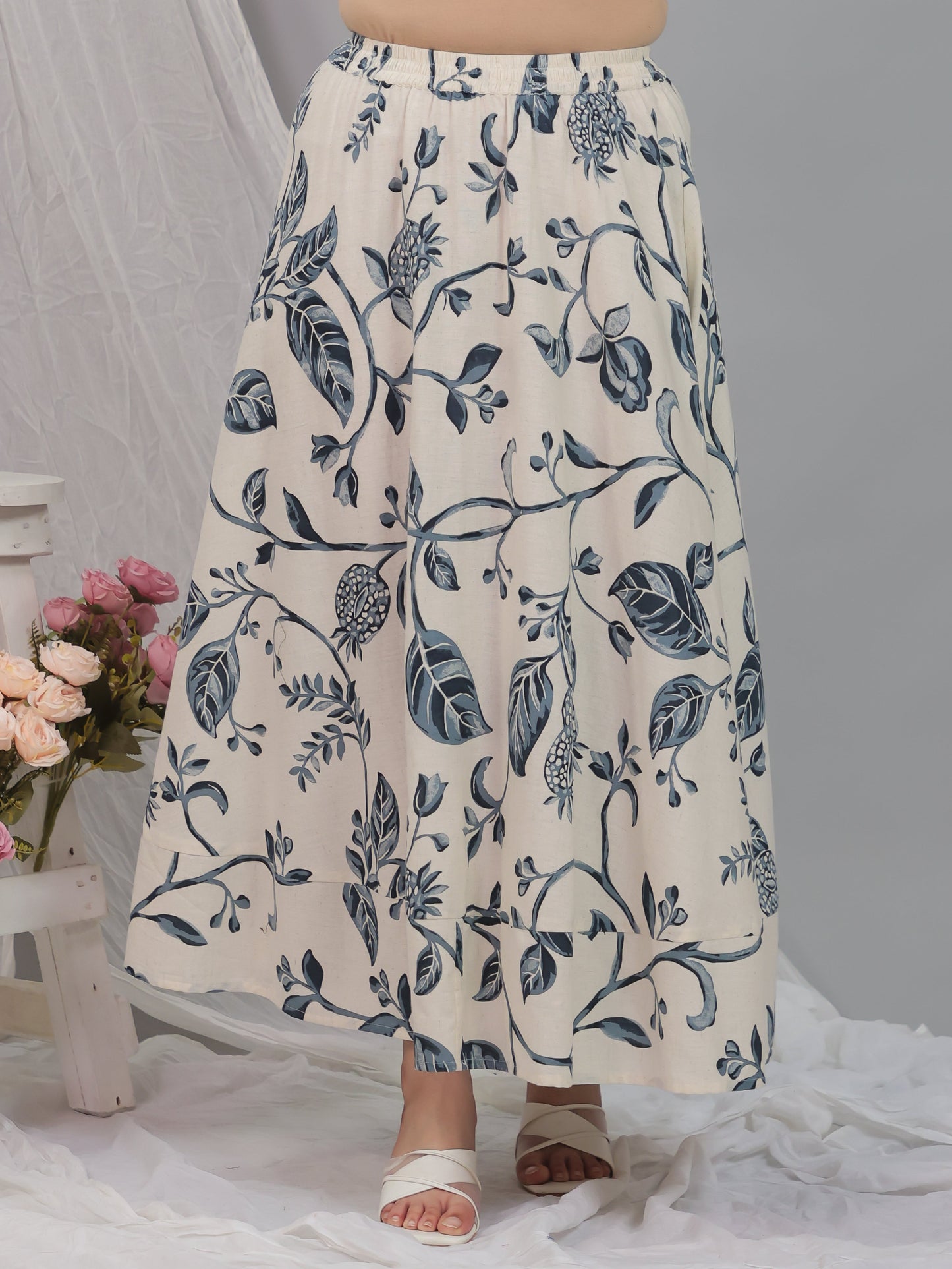 Linen Cotton Floral Off White Skirt