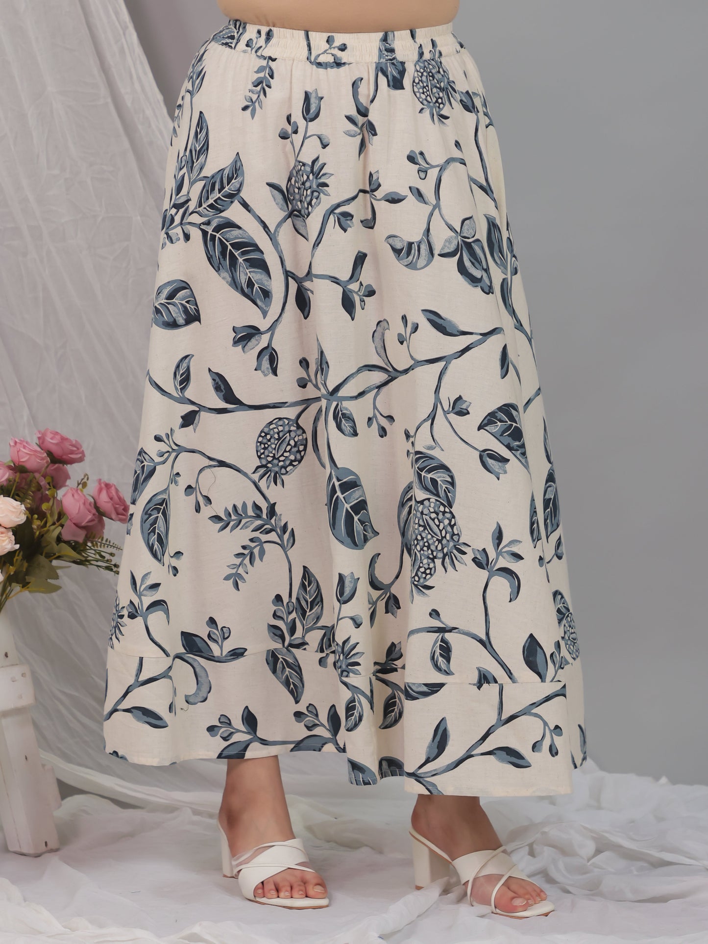 Linen Cotton Floral Off White Skirt