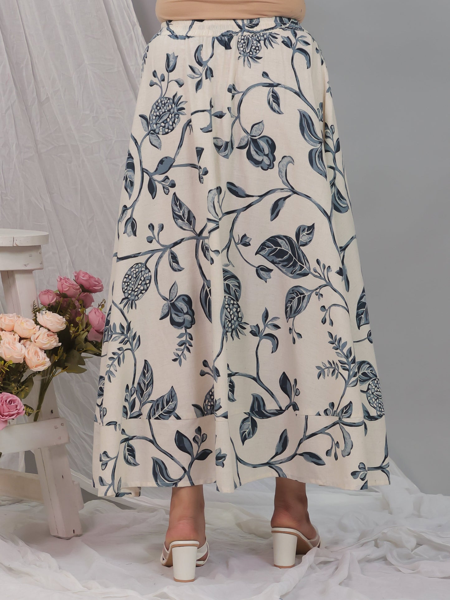 Linen Cotton Floral Off White Skirt
