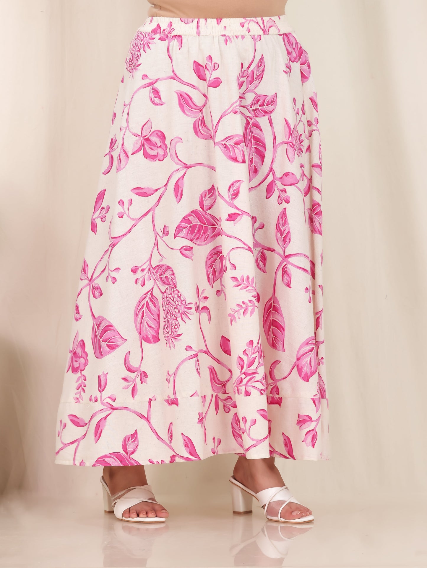 Linen Cotton Floral Pink Skirt