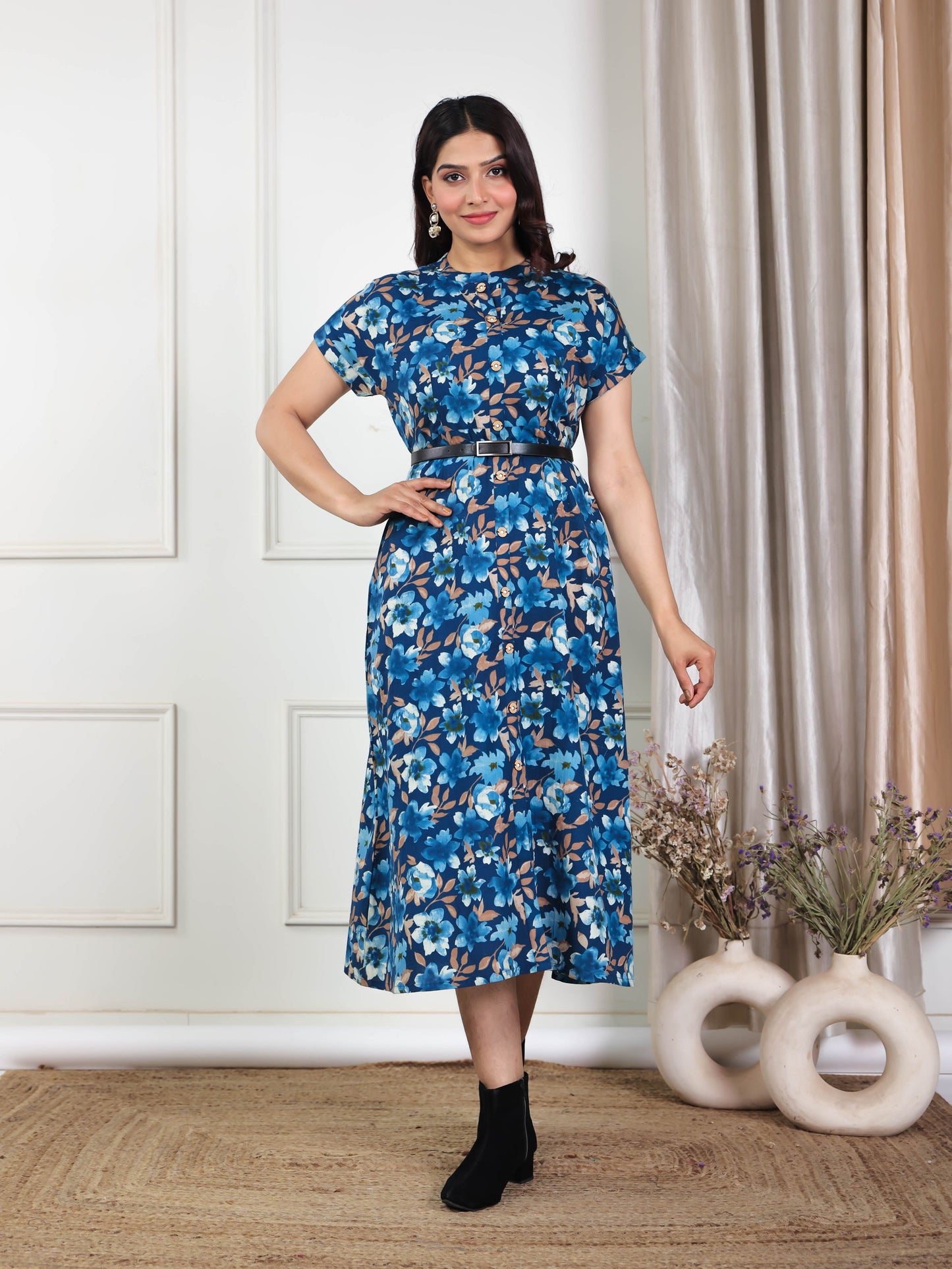 Soft Cotton Floral A-line Blue Dress