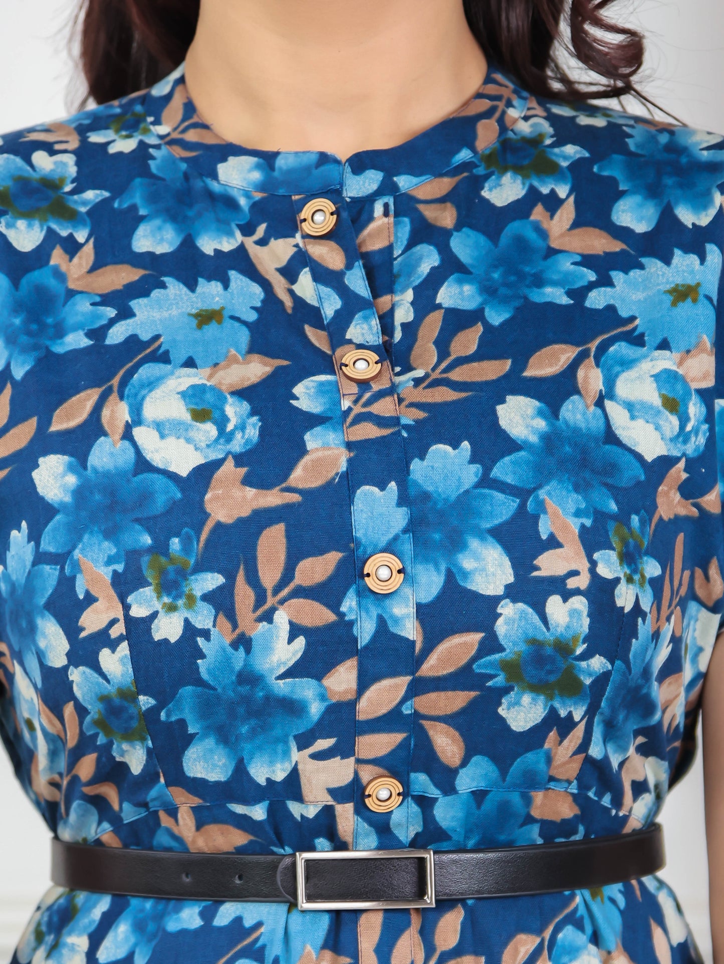 Soft Cotton Floral A-line Blue Dress