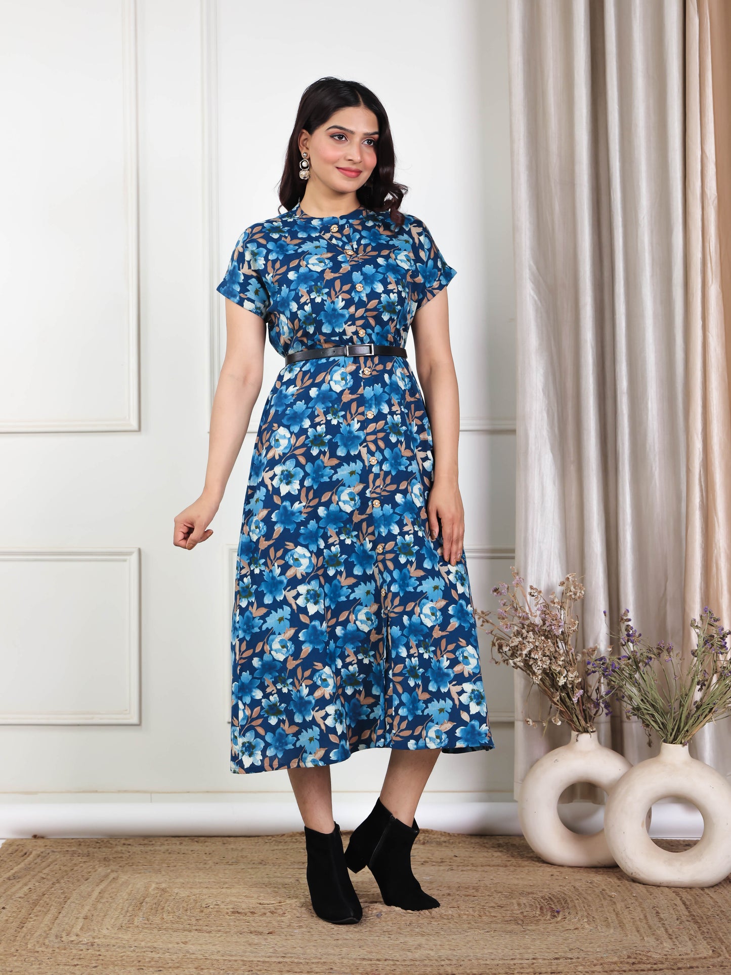 Soft Cotton Floral A-line Blue Dress