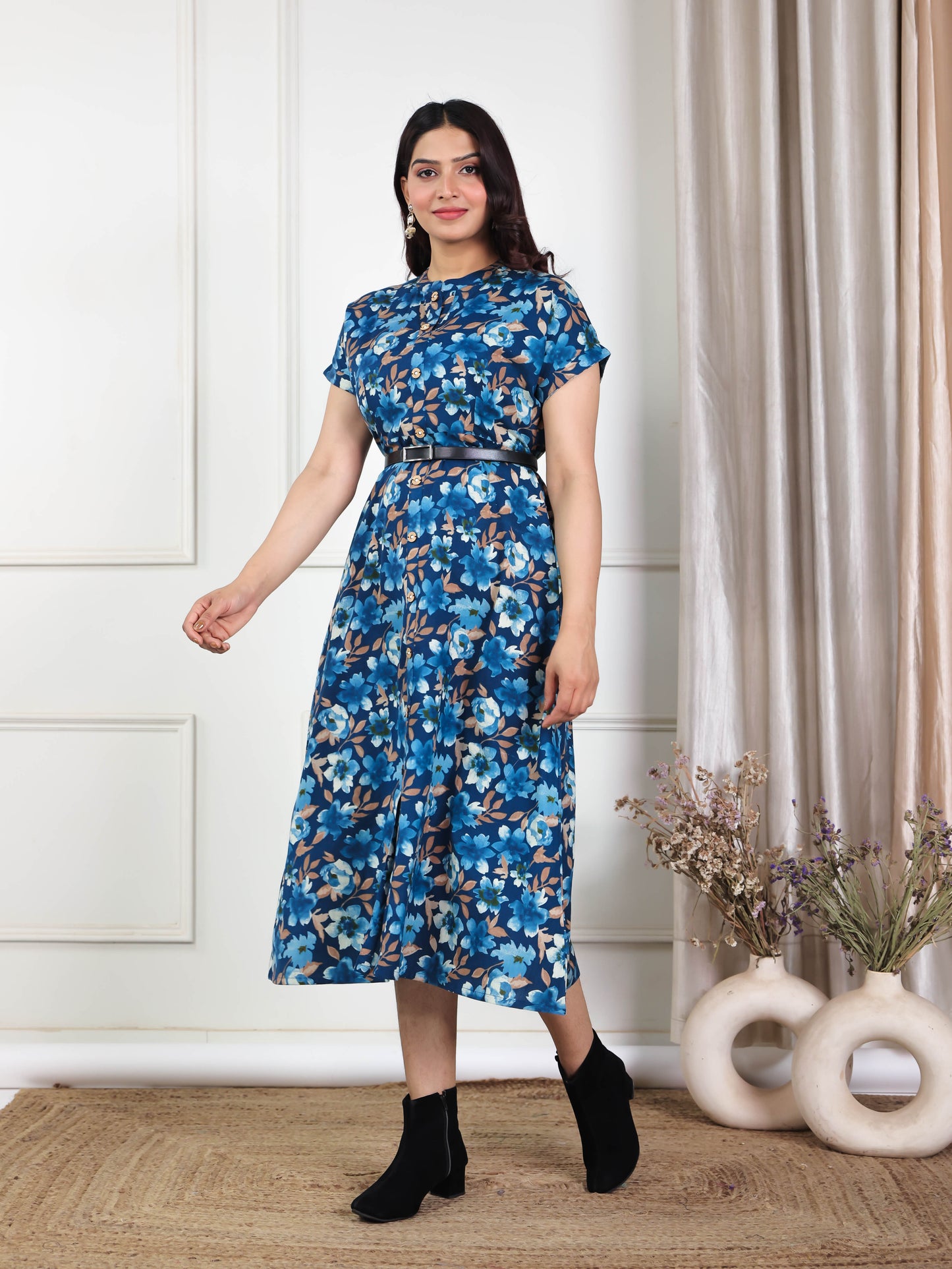 Soft Cotton Floral A-line Blue Dress