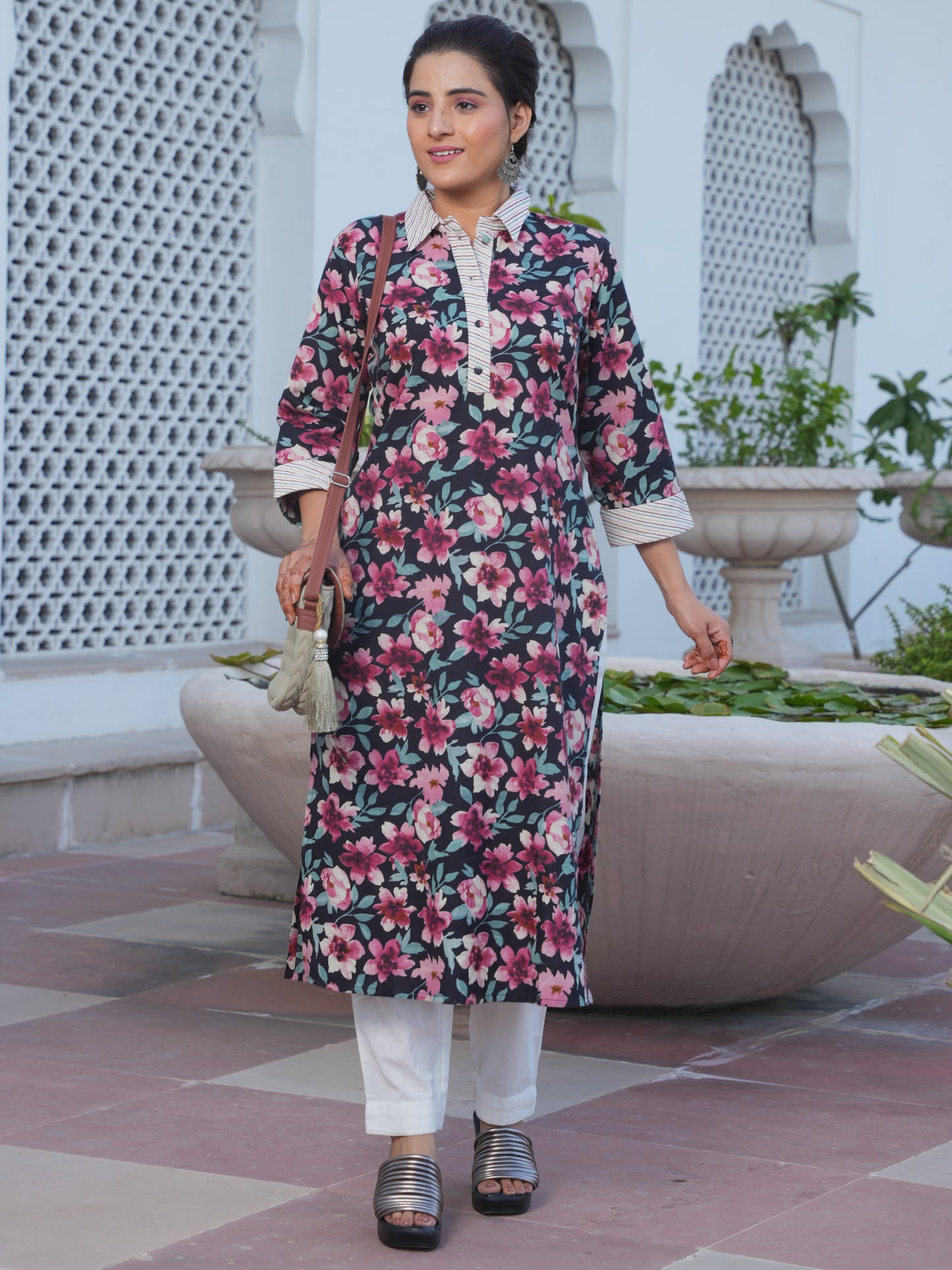 Embroidered Linen Cotton Floral Pathani Black Kurta