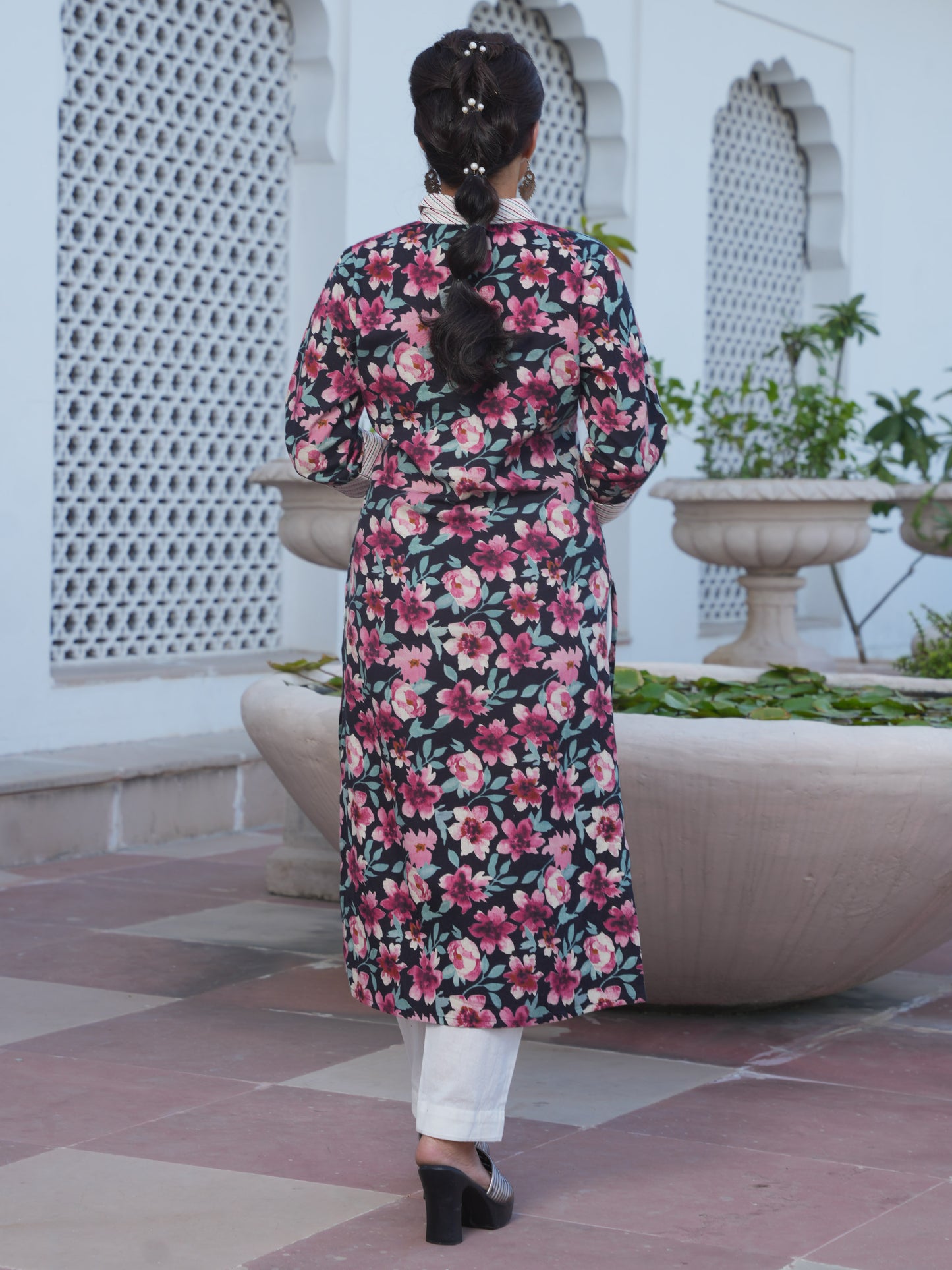 Embroidered Linen Cotton Floral Pathani Black Kurta
