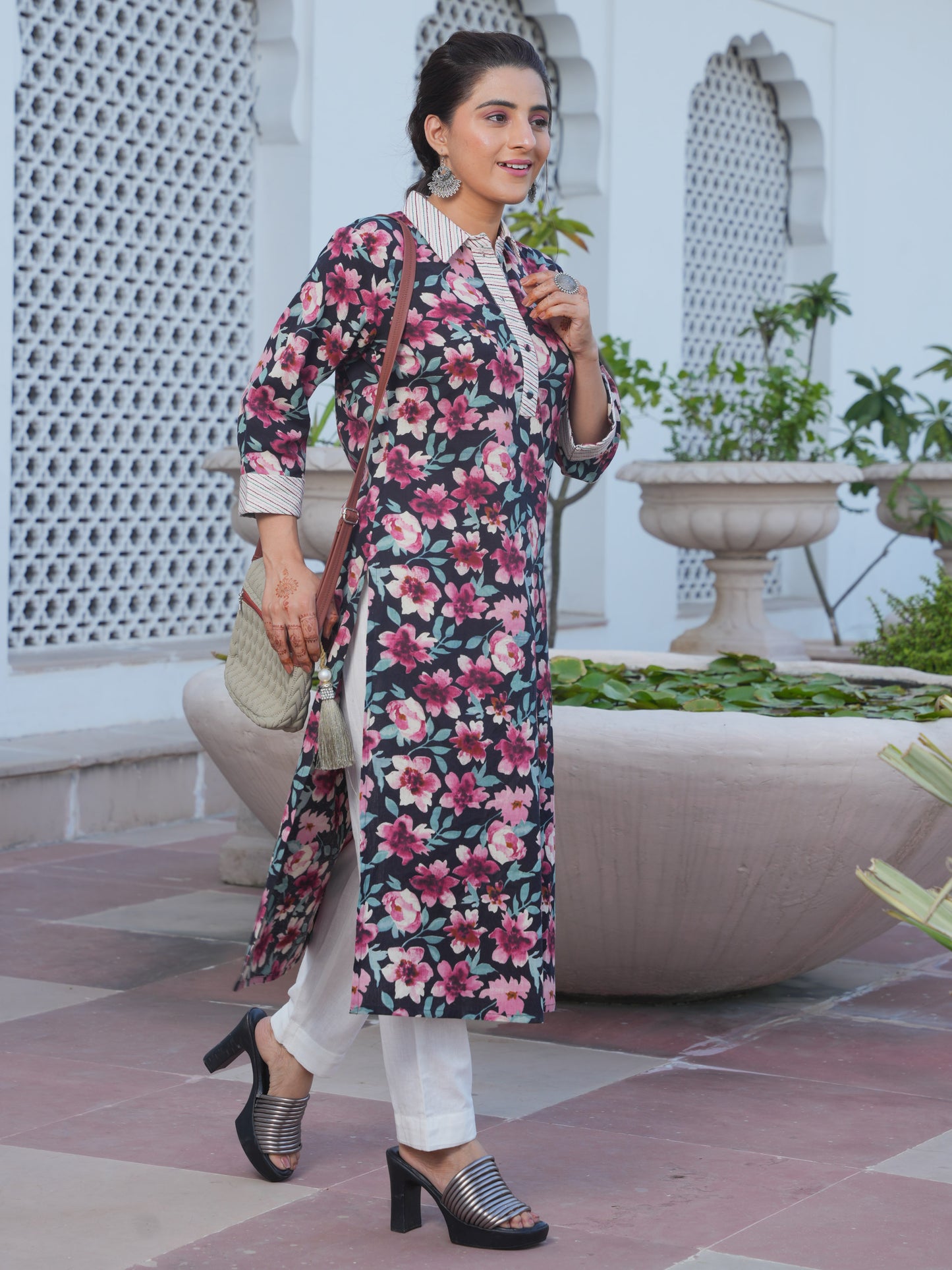 Embroidered Linen Cotton Floral Pathani Black Kurta