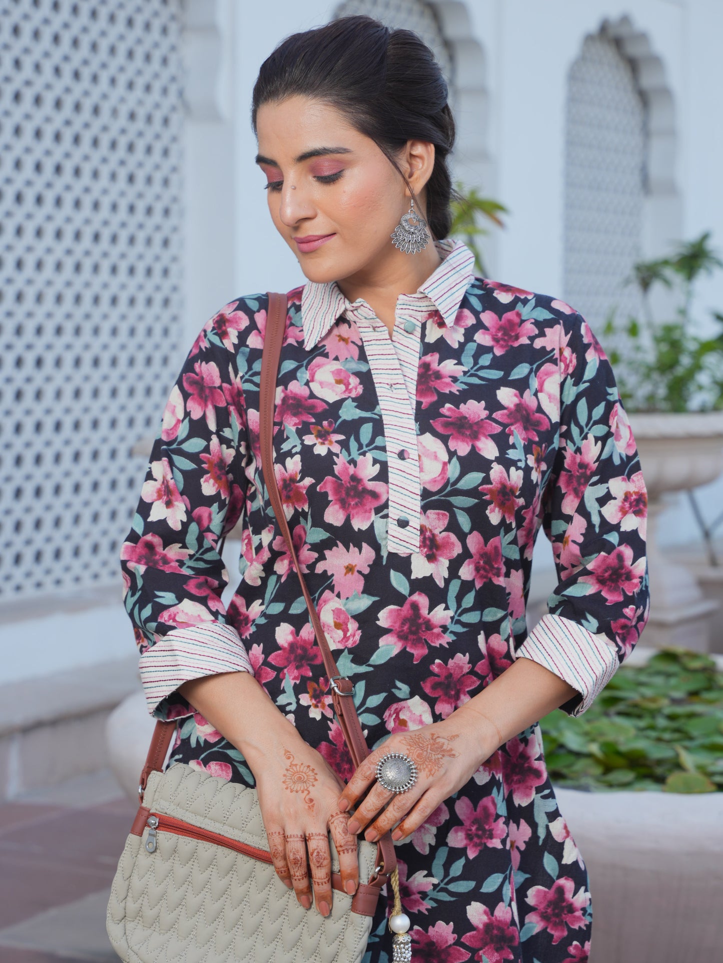 Embroidered Linen Cotton Floral Pathani Black Kurta