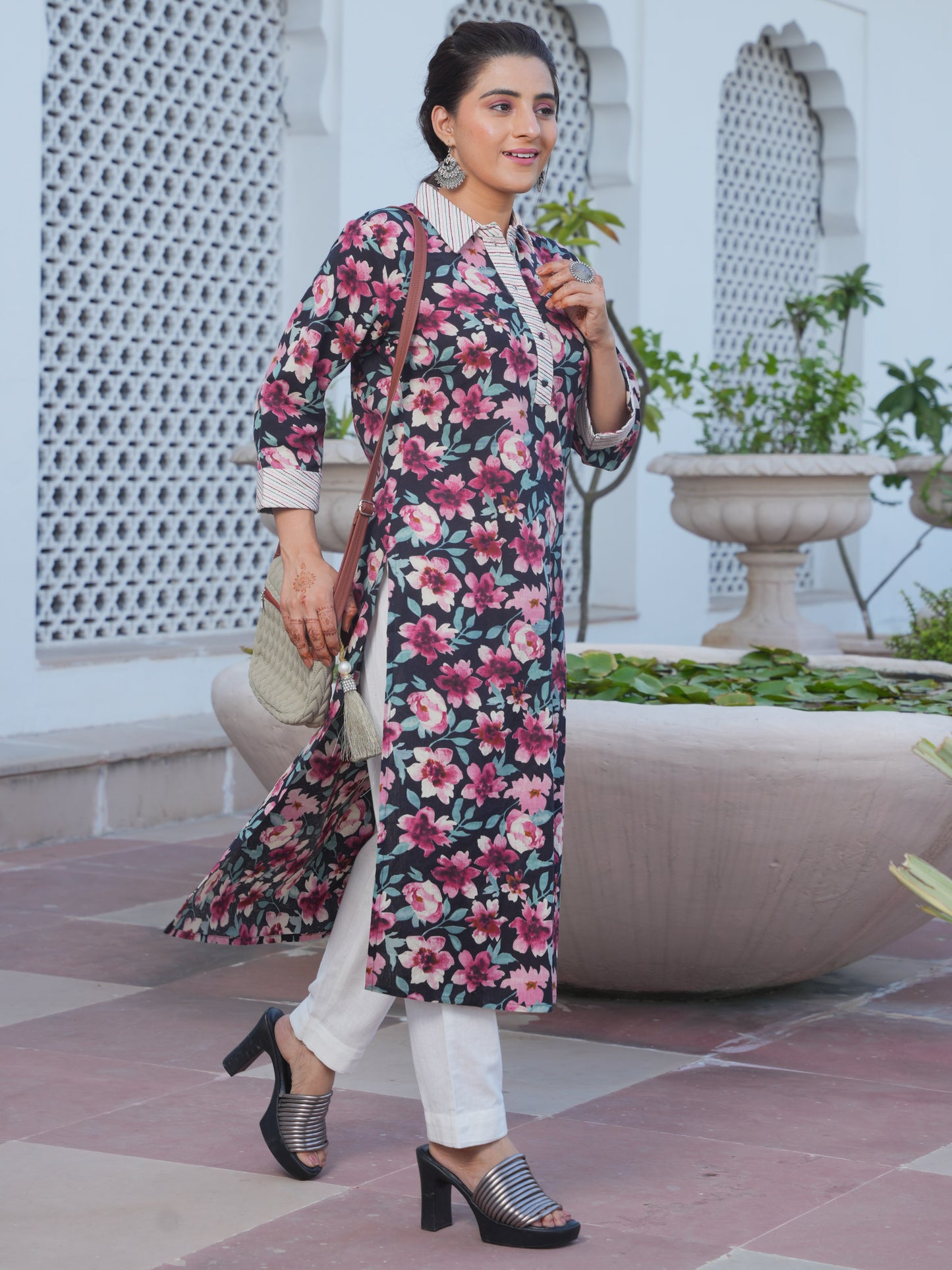 Embroidered Linen Cotton Floral Pathani Black Kurta