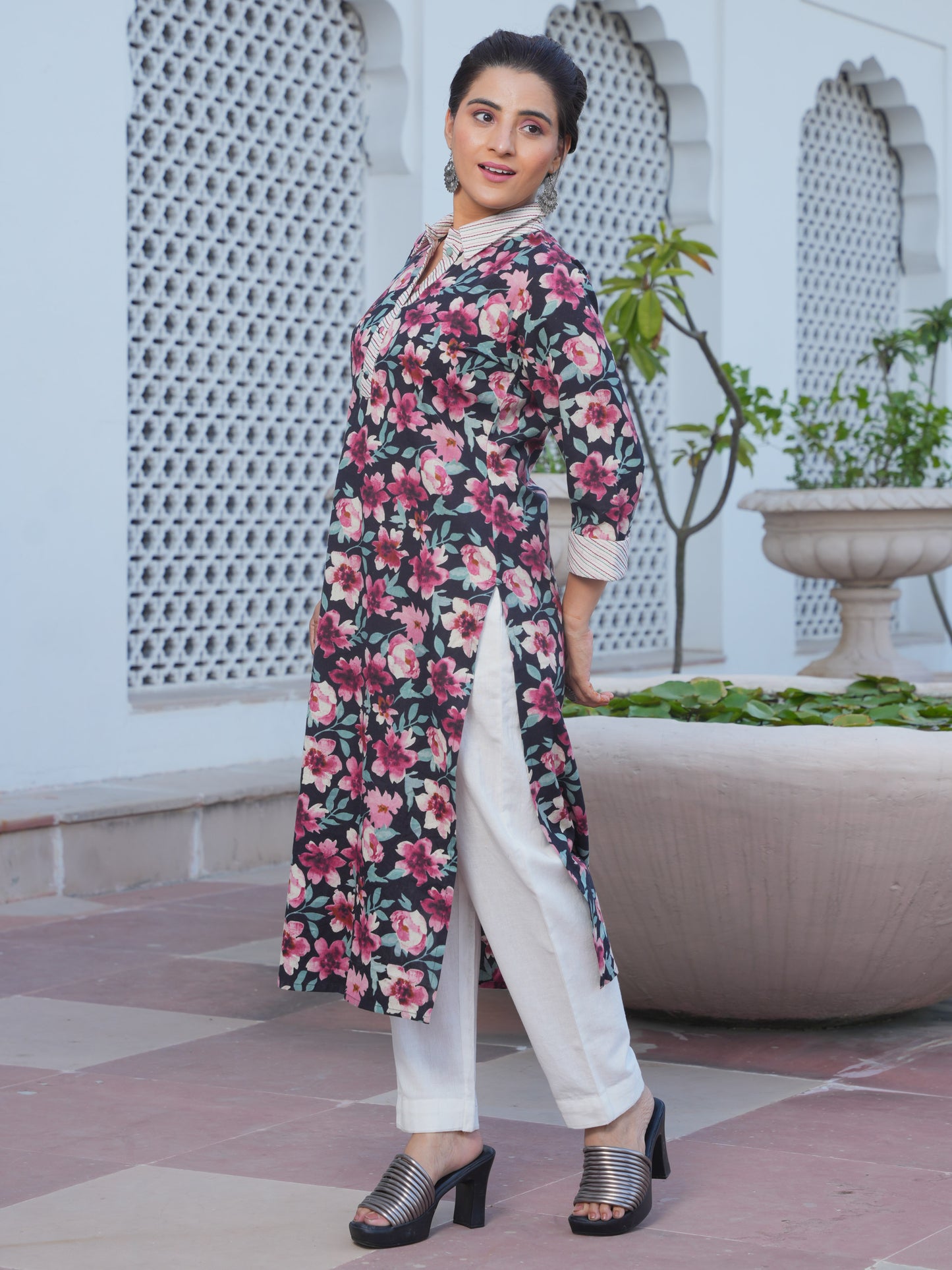 Embroidered Linen Cotton Floral Pathani Black Kurta