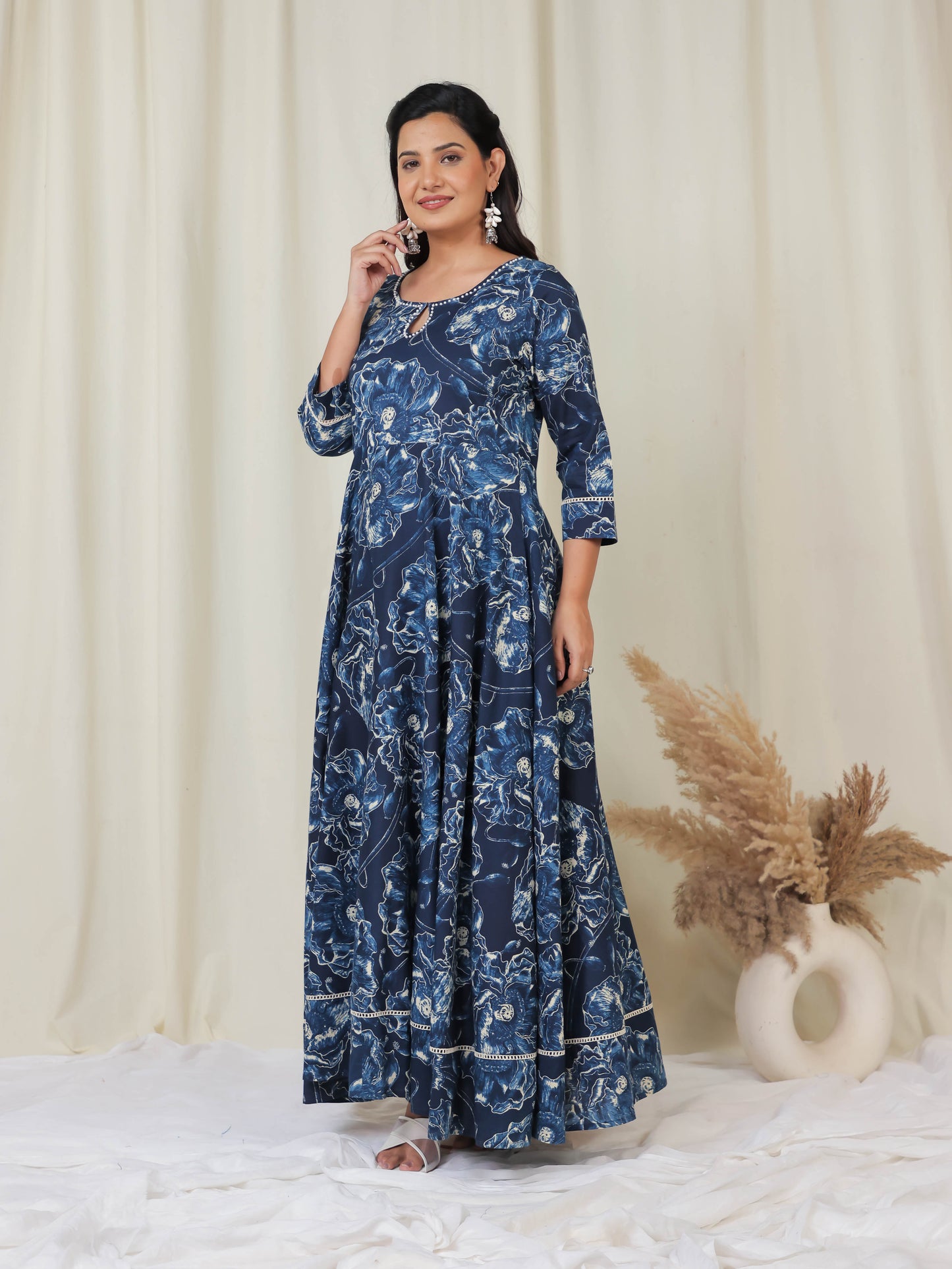 Soft Cotton Floral Anarkali Blue Kurta