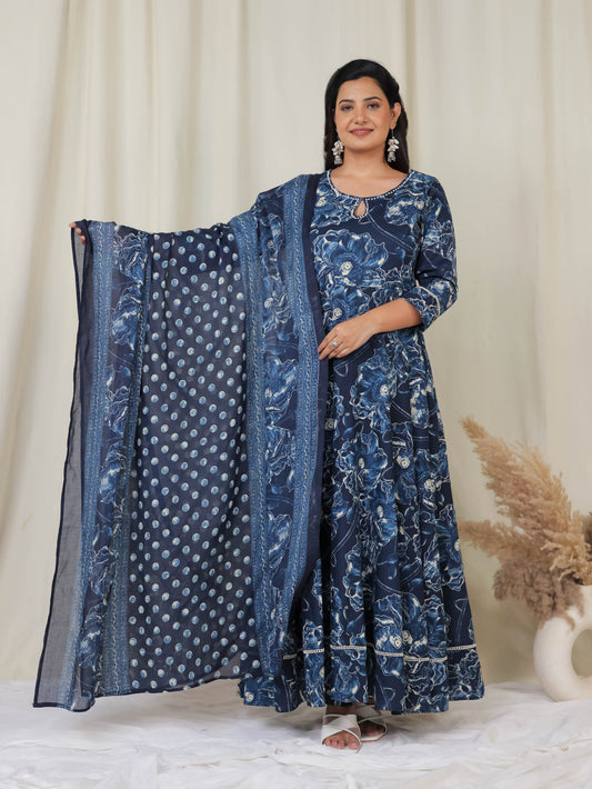 Soft Cotton Floral Anarkali Blue Kurta
