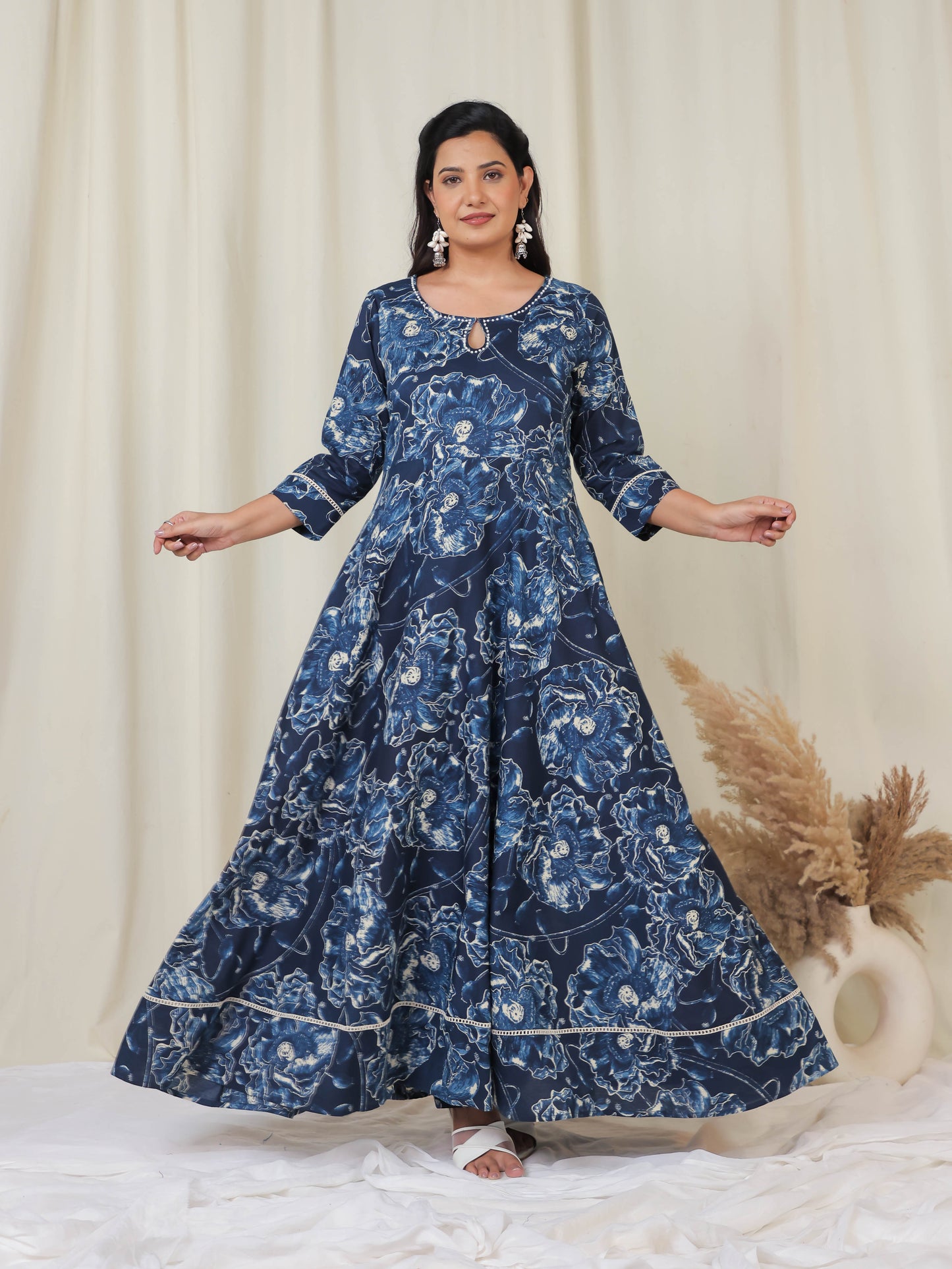 Soft Cotton Floral Anarkali Blue Kurta