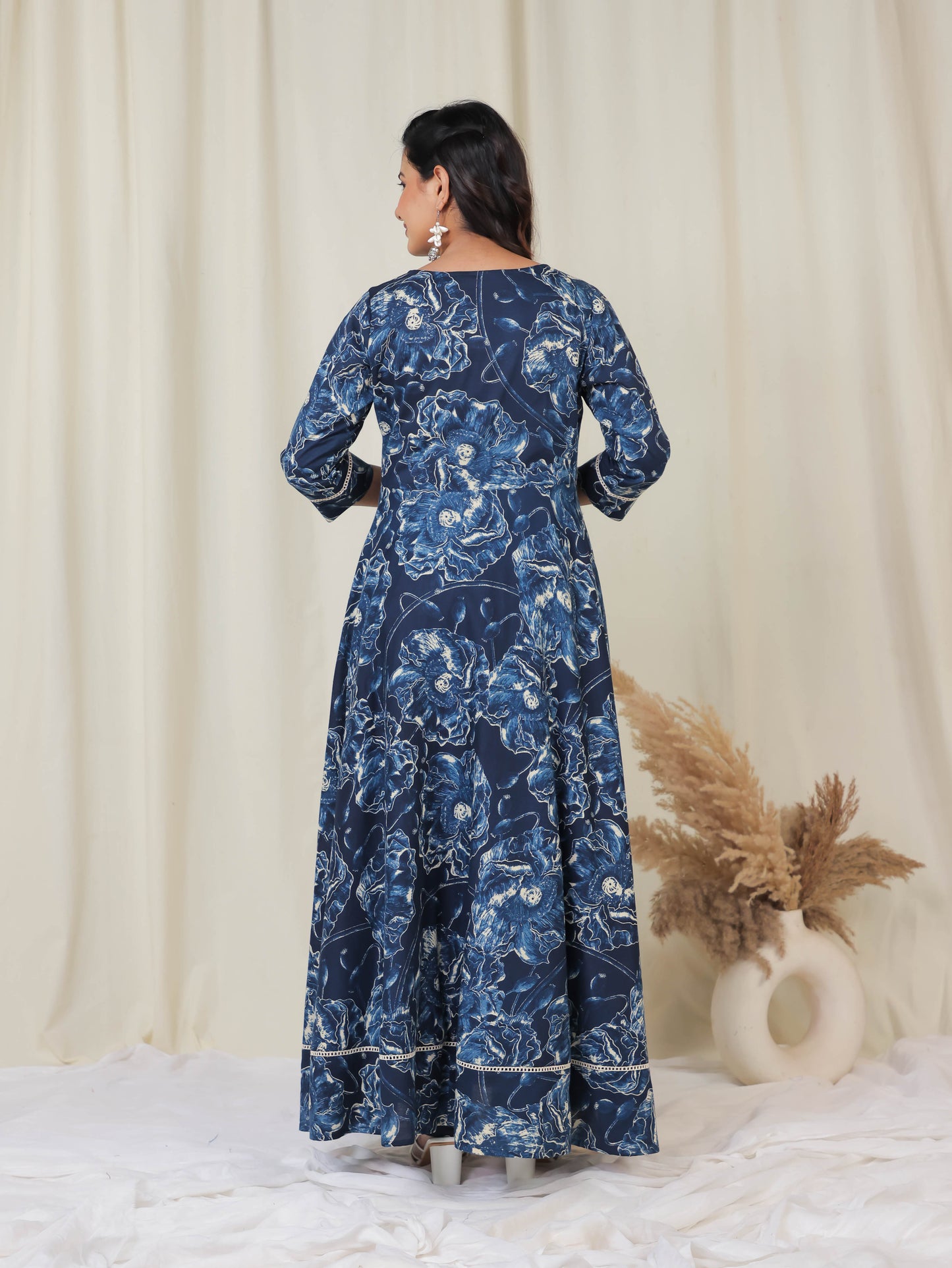 Soft Cotton Floral Anarkali Blue Kurta