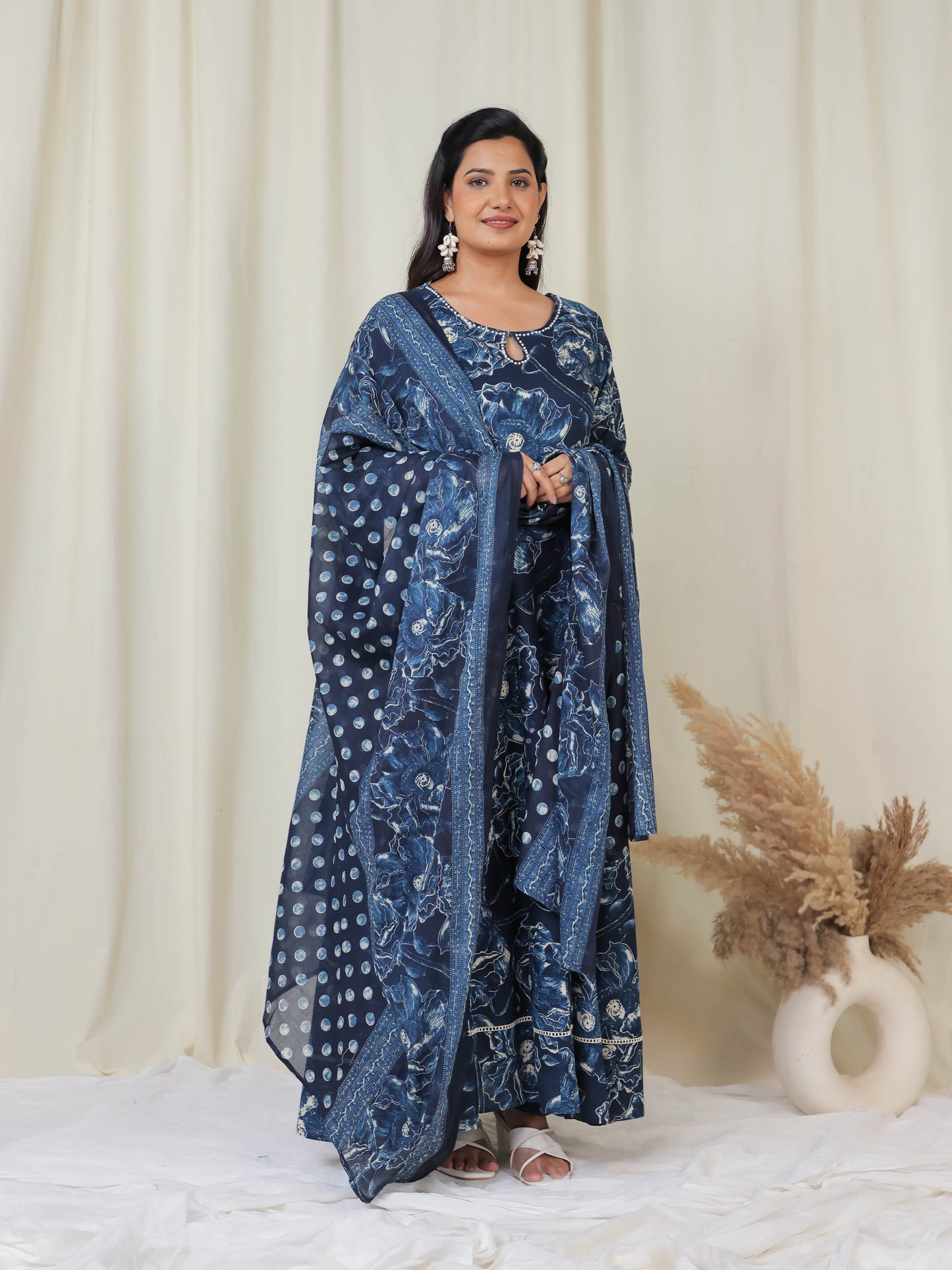 Soft Cotton Floral Anarkali Blue Kurta