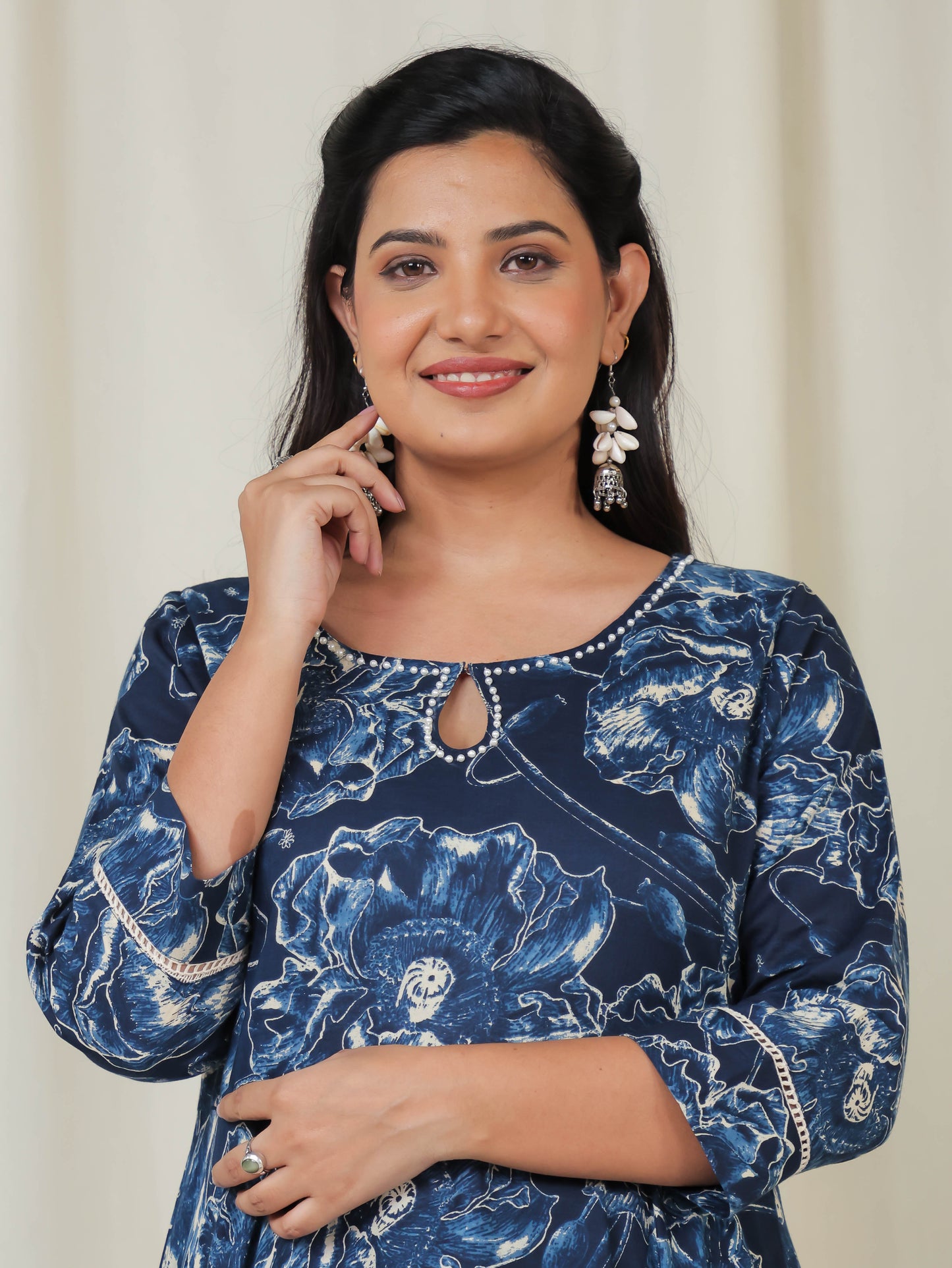 Soft Cotton Floral Anarkali Blue Kurta