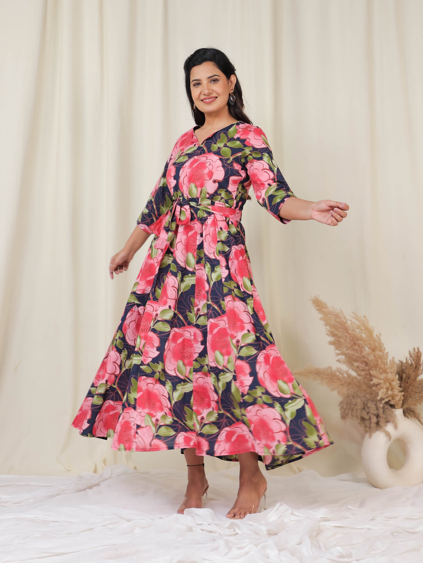 Soft Cotton Floral Flared Black Dress