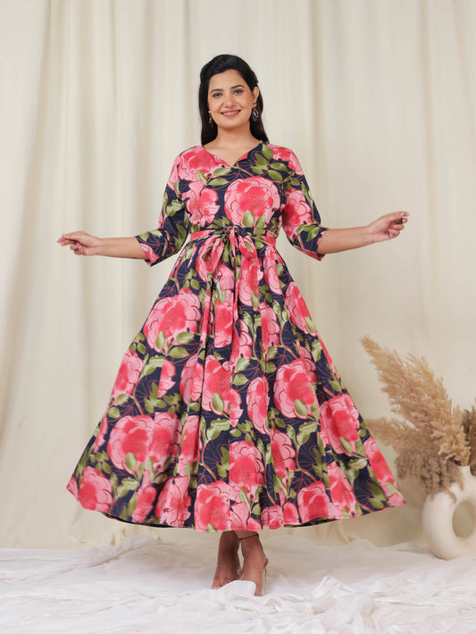 Soft Cotton Floral Flared Black Dress