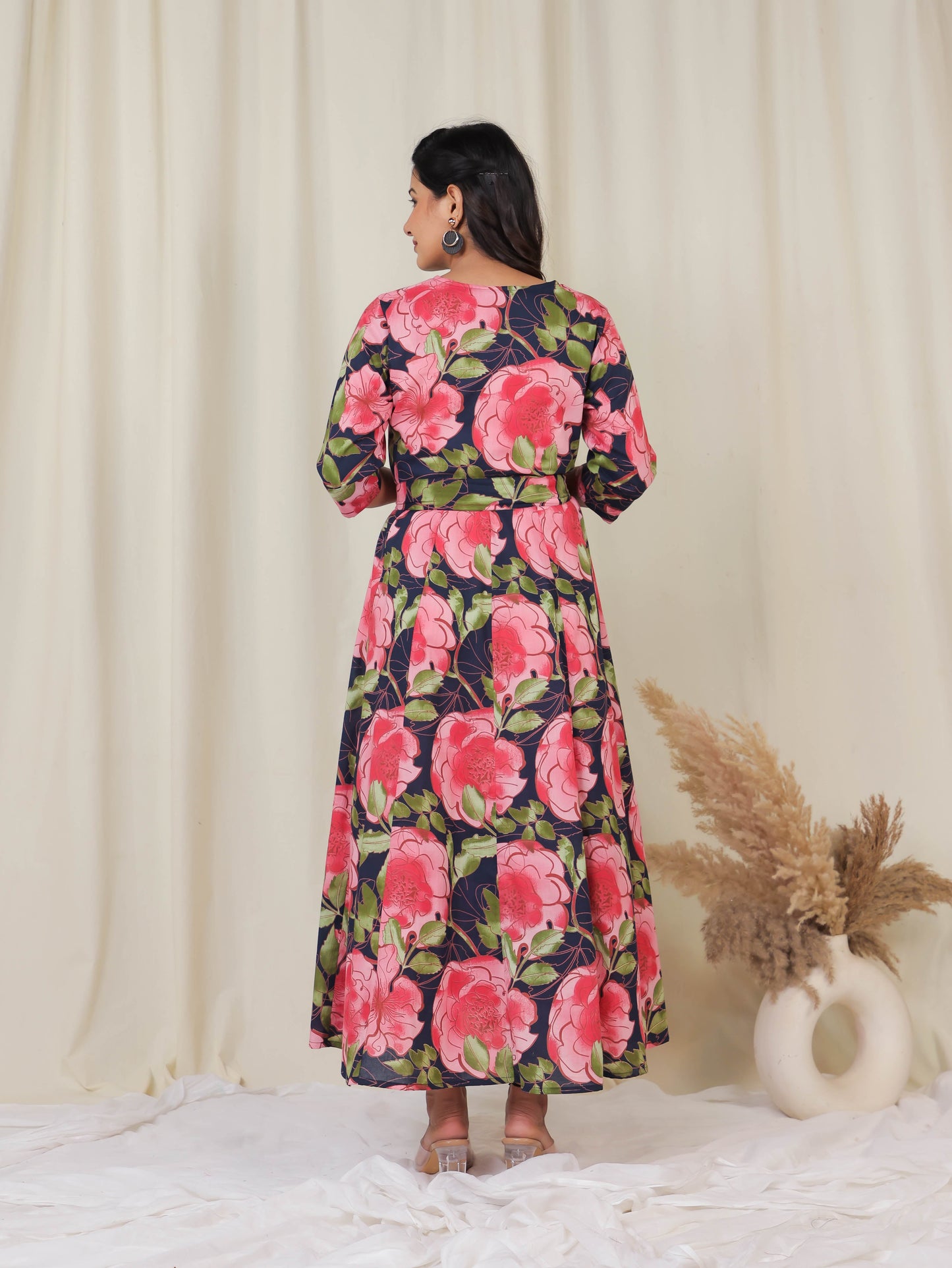 Soft Cotton Floral Flared Black Dress