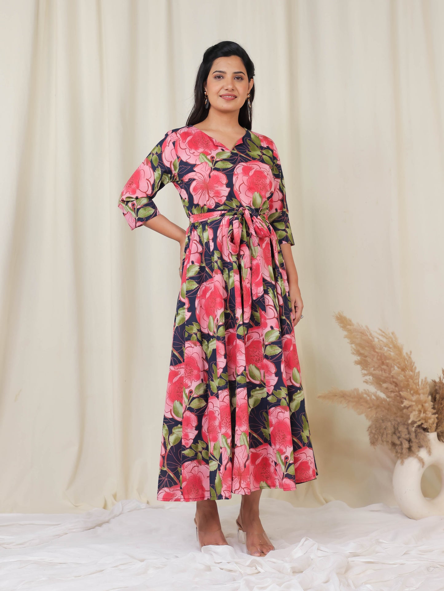 Soft Cotton Floral Flared Black Dress