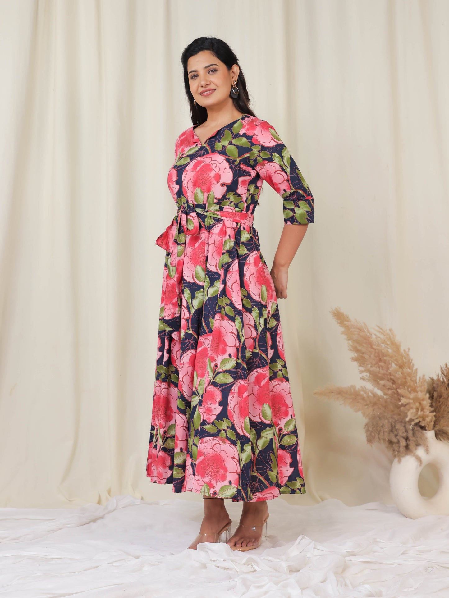 Soft Cotton Floral Flared Black Dress