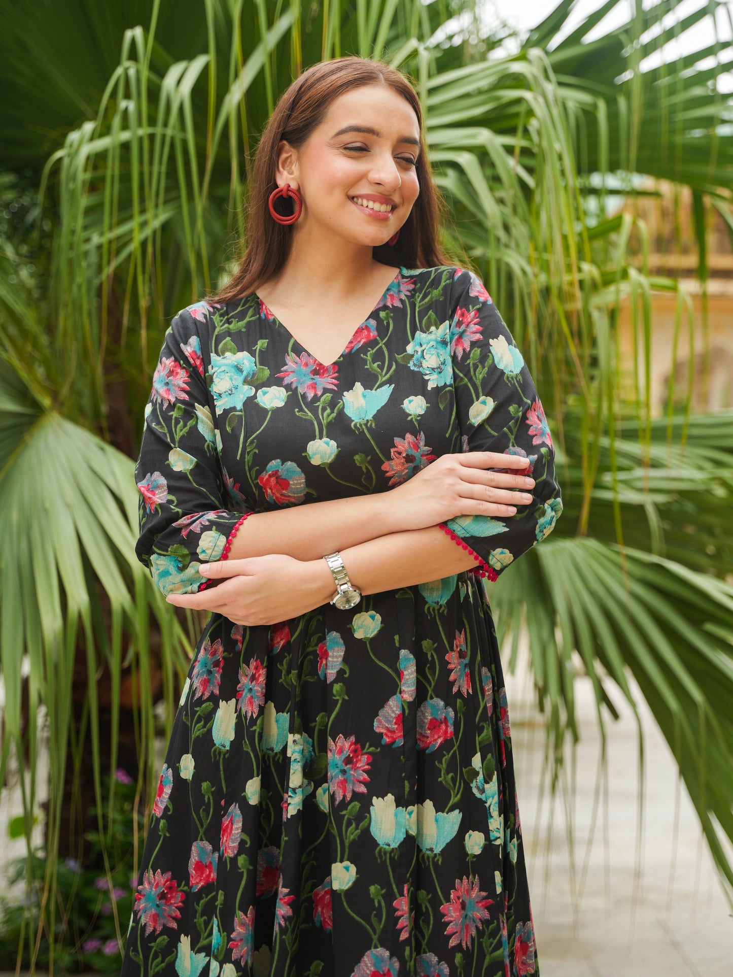 Soft Cotton Floral Flared Black Dress