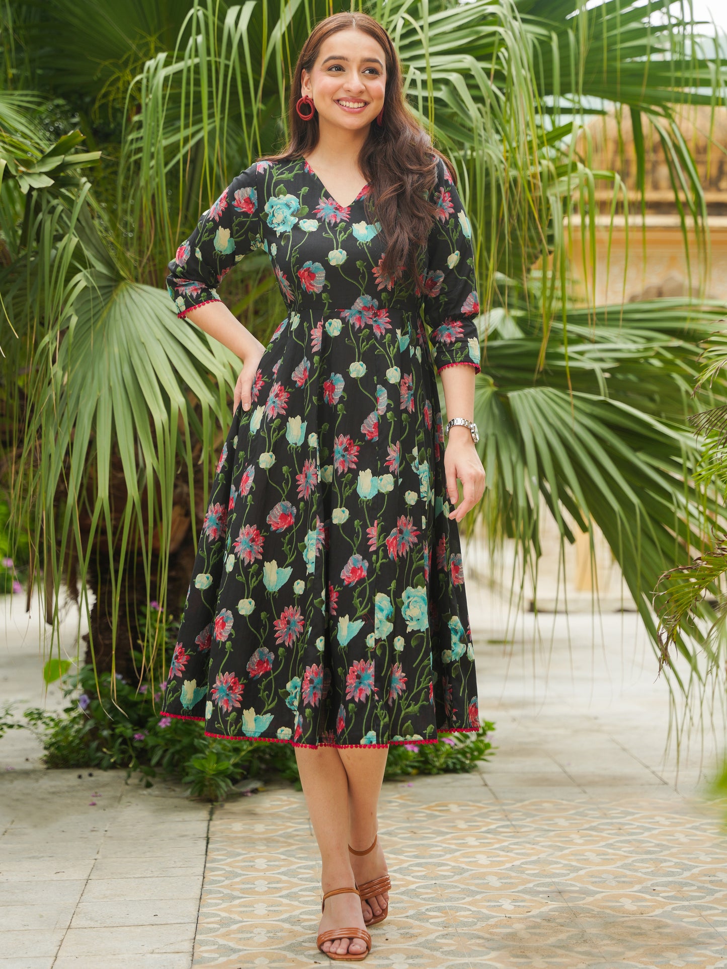 Soft Cotton Floral Flared Black Dress