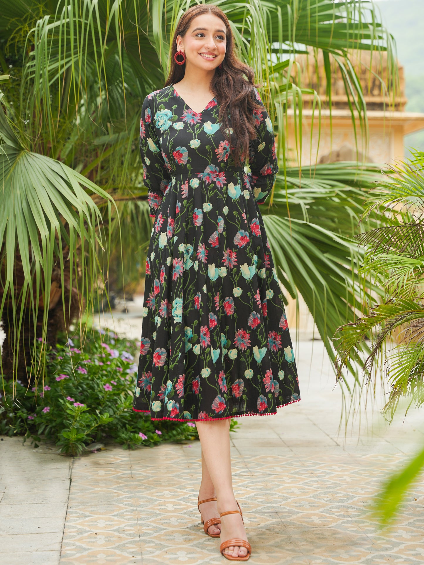Soft Cotton Floral Flared Black Dress
