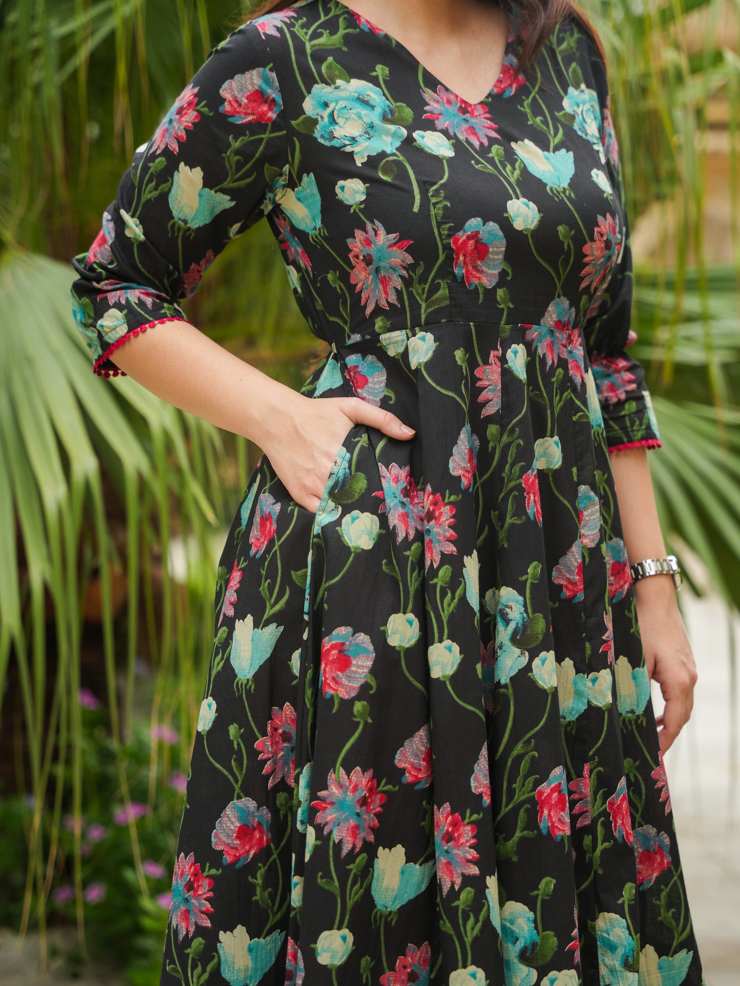 Soft Cotton Floral Flared Black Dress
