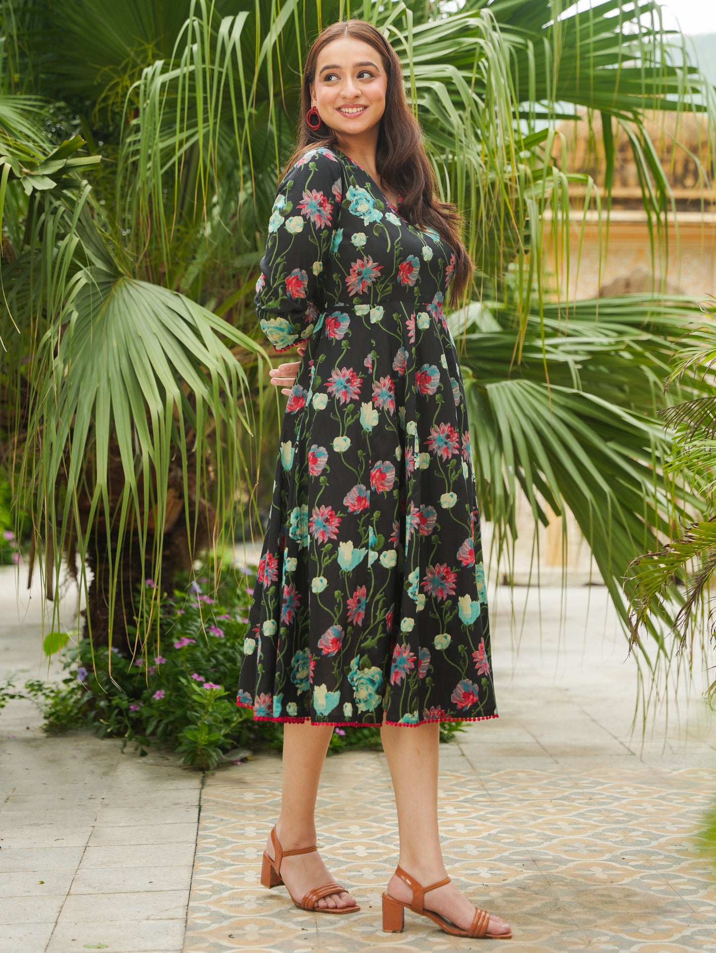 Soft Cotton Floral Flared Black Dress