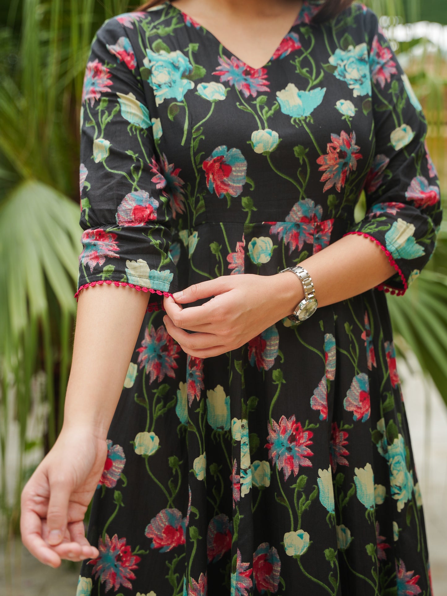 Soft Cotton Floral Flared Black Dress