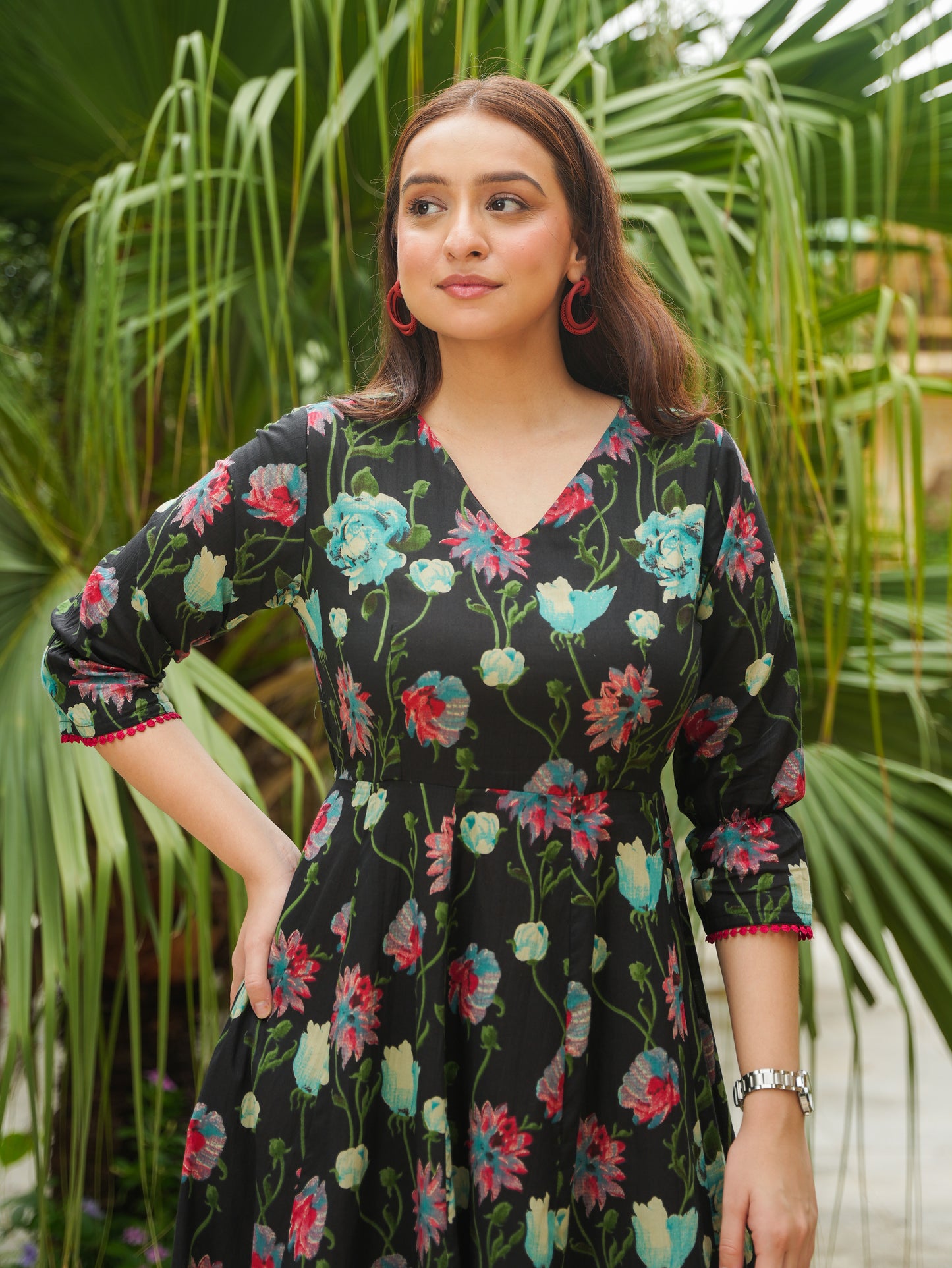 Soft Cotton Floral Flared Black Dress