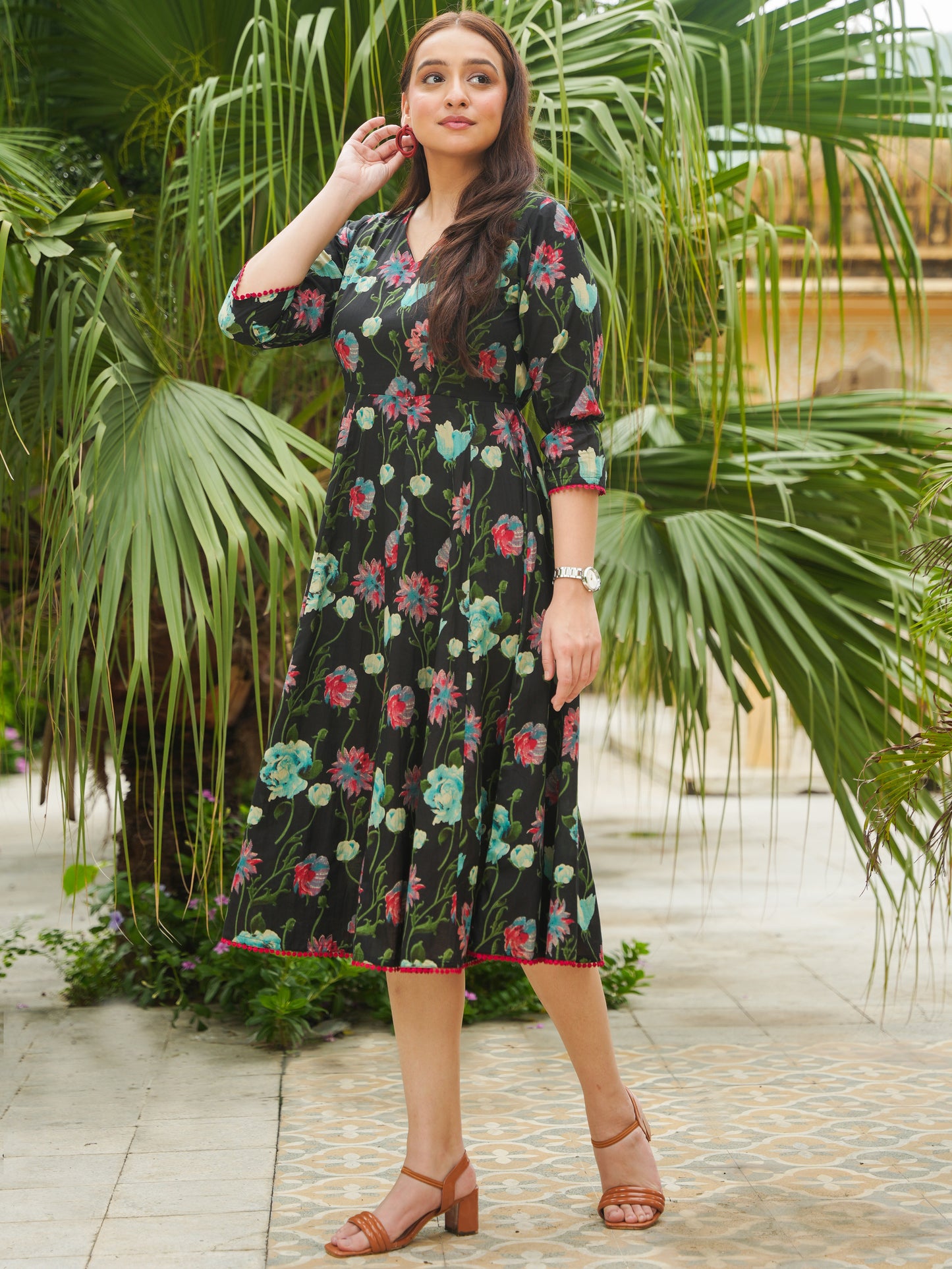 Soft Cotton Floral Flared Black Dress
