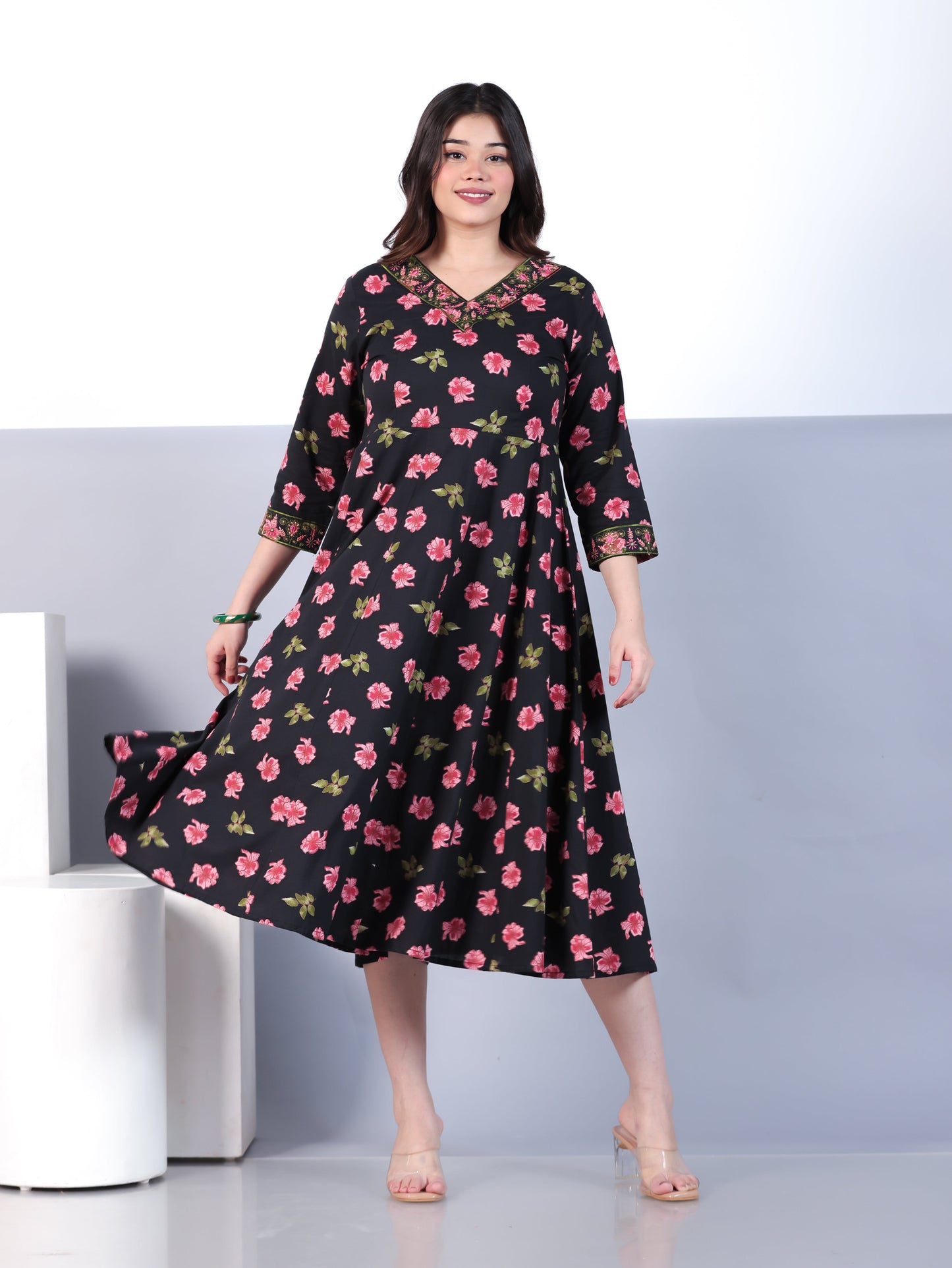 Embroidered Soft Cotton Floral Angrakha Black Dress
