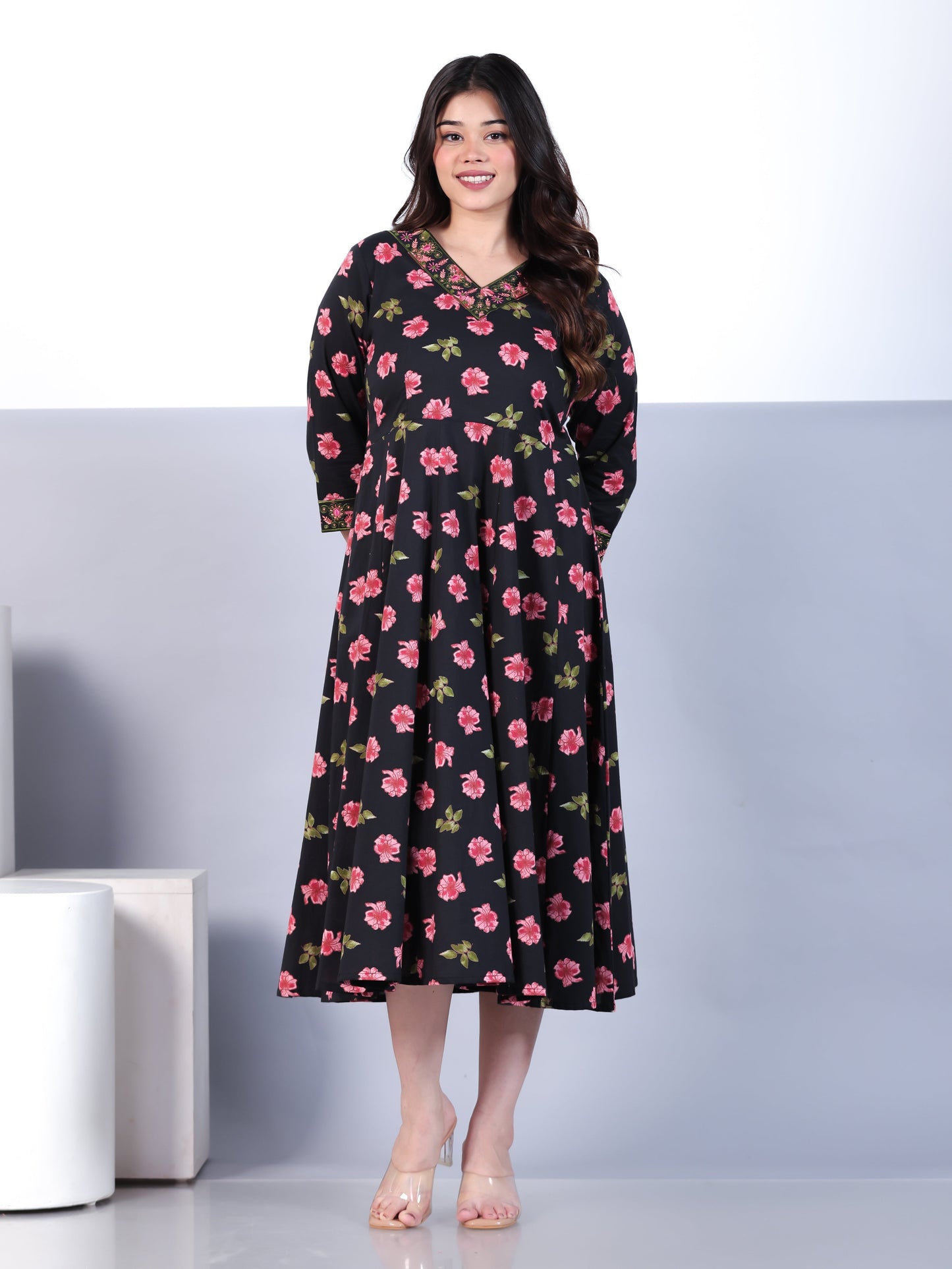 Embroidered Soft Cotton Floral Angrakha Black Dress