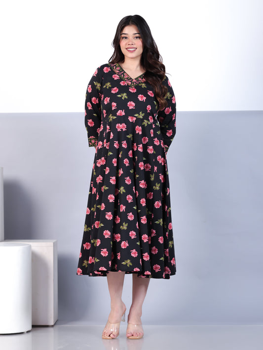 Embroidered Soft Cotton Floral Angrakha Black Dress