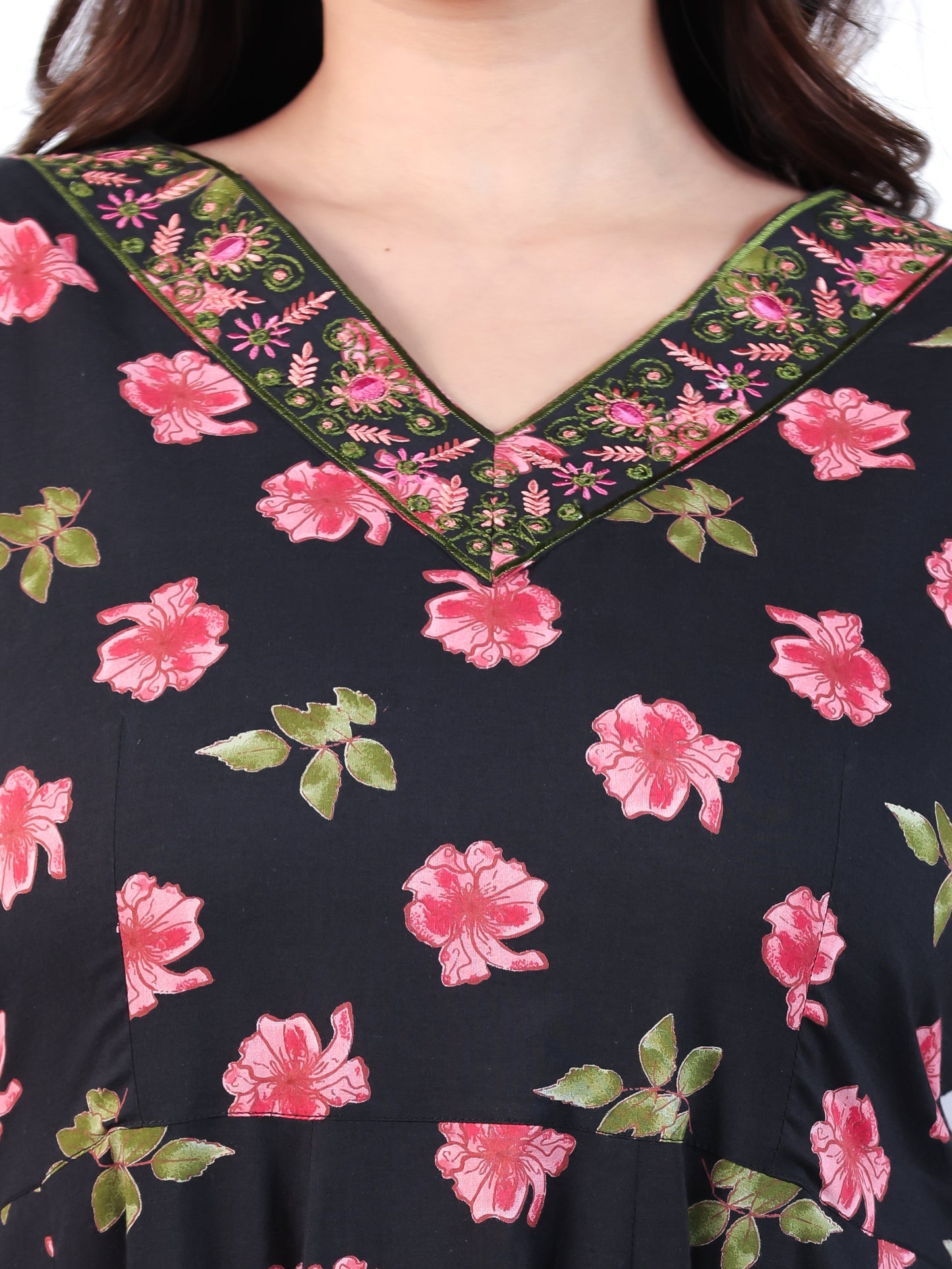 Embroidered Soft Cotton Floral Angrakha Black Dress