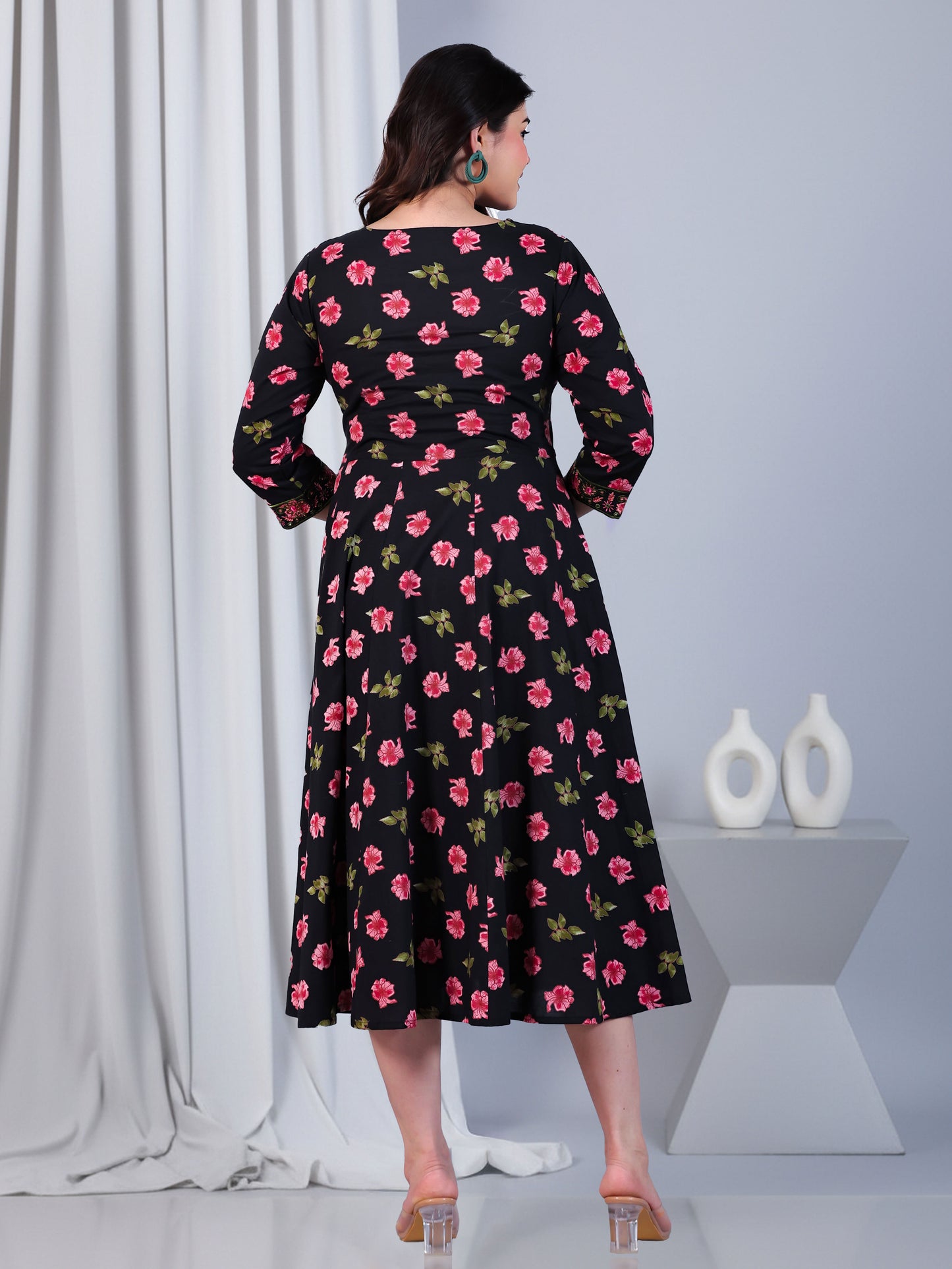 Embroidered Soft Cotton Floral Angrakha Black Dress