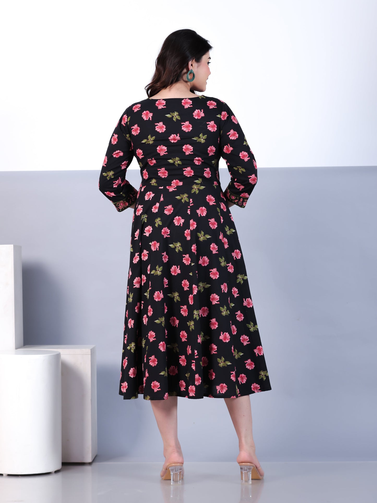 Embroidered Soft Cotton Floral Angrakha Black Dress