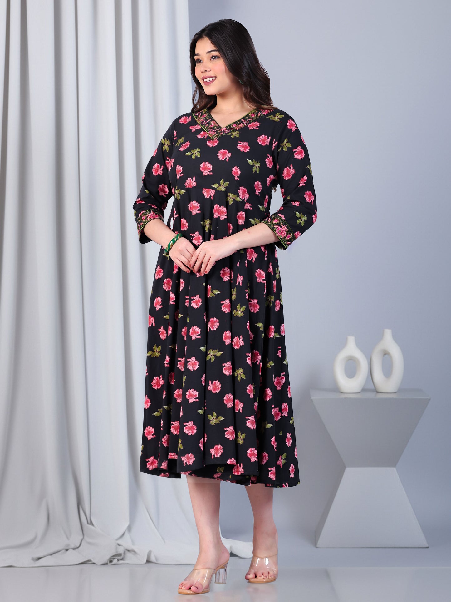 Embroidered Soft Cotton Floral Angrakha Black Dress